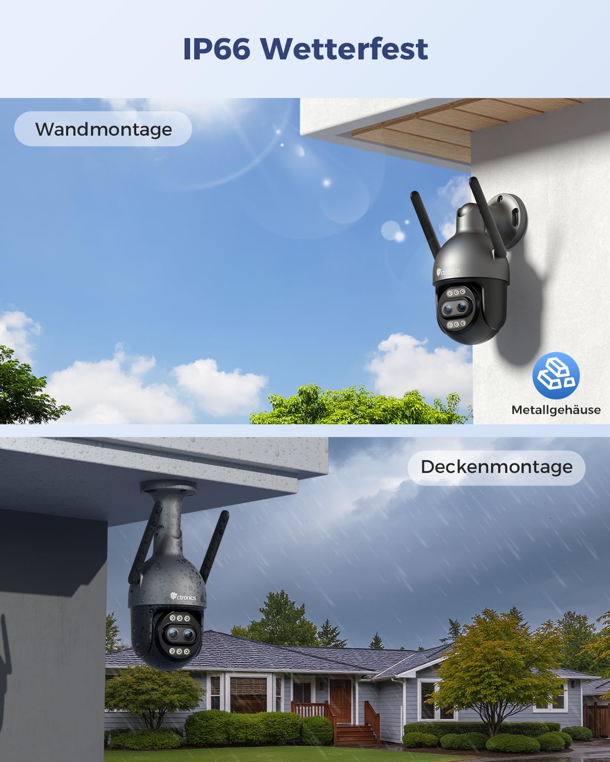 Ctronics 10X Hybrid Zoom 4K Überwachungskamera Aussen Dual-Lens, Metal WLAN Kamera 2,4/5GHz, Auto Track/Personen/Fahrzeug/Tiererkennung, FTP&NVR, 256GB TF/Cloud/PC, Farbnachtsicht, IP66 (Grey)