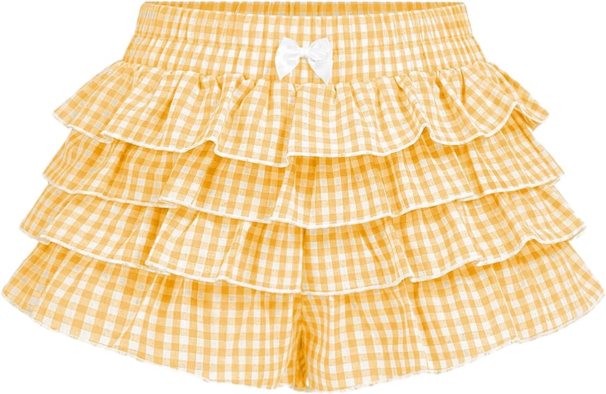 BEAUDRM Women's Gingham Summer Shorts Cute Going Out Brunch Outfits Ruffle Bloomers Y2K Mini Micro Shorts
