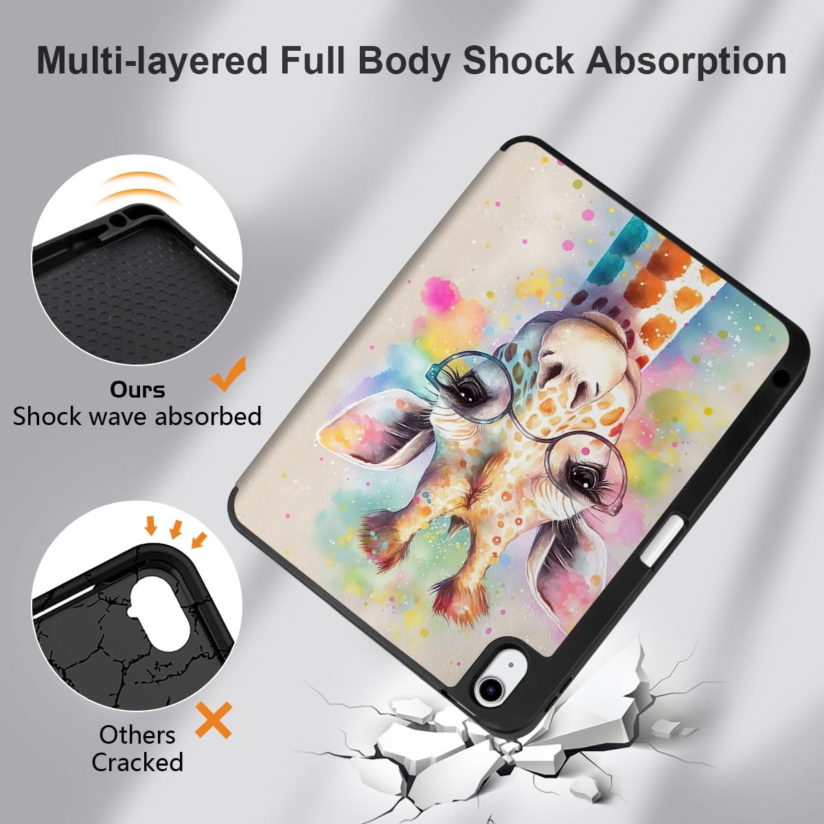 MEEgoodo Case for iPad A16 11th Generation 11 inch 2025/iPad 10th Generation 10.9 inch 2022, Tablet Cover with Trifold Stand + Pencil Holder + Auto Wake/Sleep + Soft TPU Back Cover, Giraffe