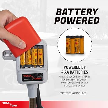 TERA PUMP Battery Powered Fuel Transfer Pump with On/Off Power Nozzle, Universal Gas Can Adapter, 3.28 ft Vinyl Hose, and Anti-Spill Sensor (2.6 GPM) - 4 AA Battery Powered