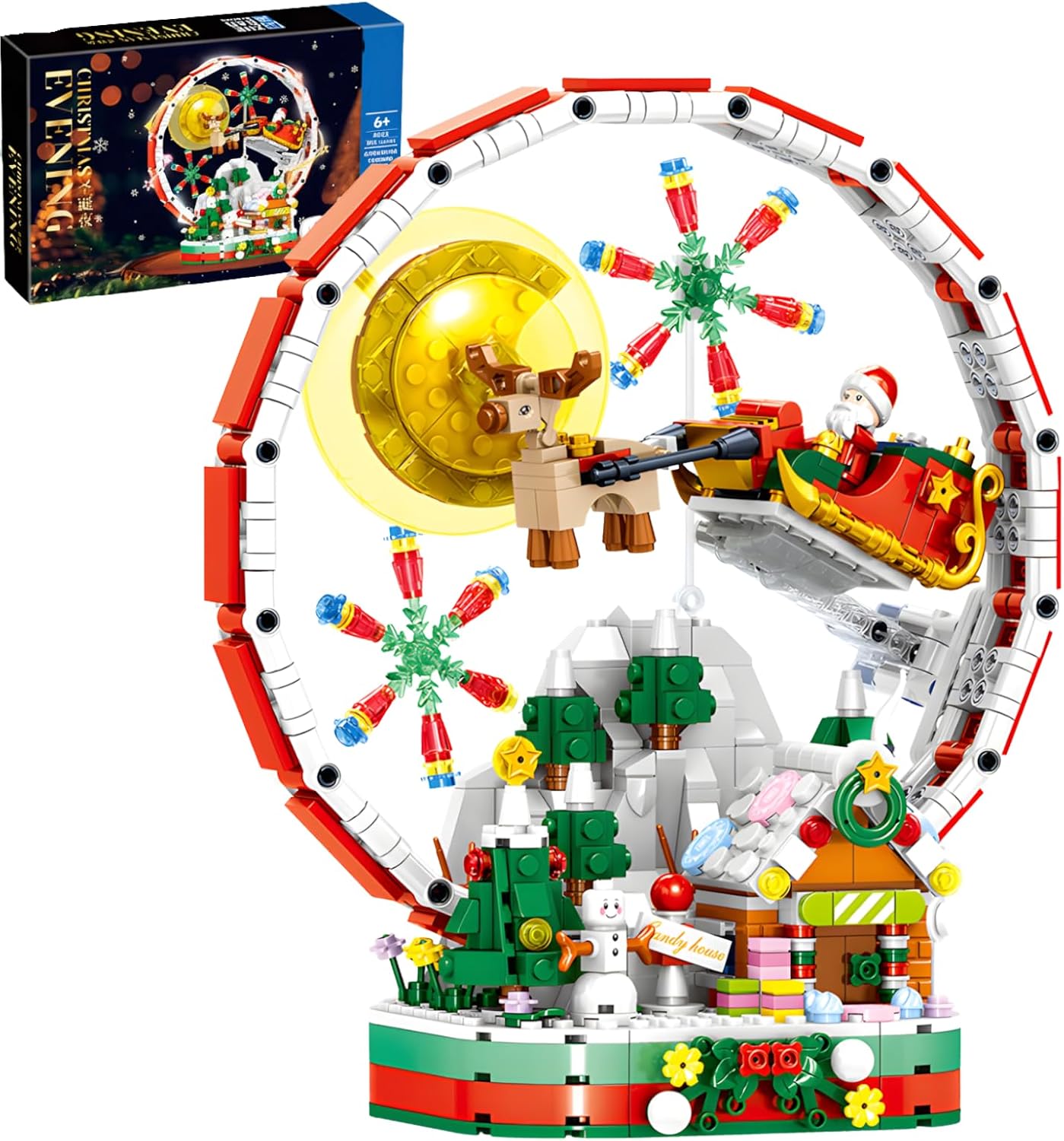 2026 Winter Snow Globe Light Building Set - Shiny Festive Santa Sleigh with Reindeer, Candy House & Snowman Under Moon - Compatible with Major Brands - Ideal for Kids & Adults