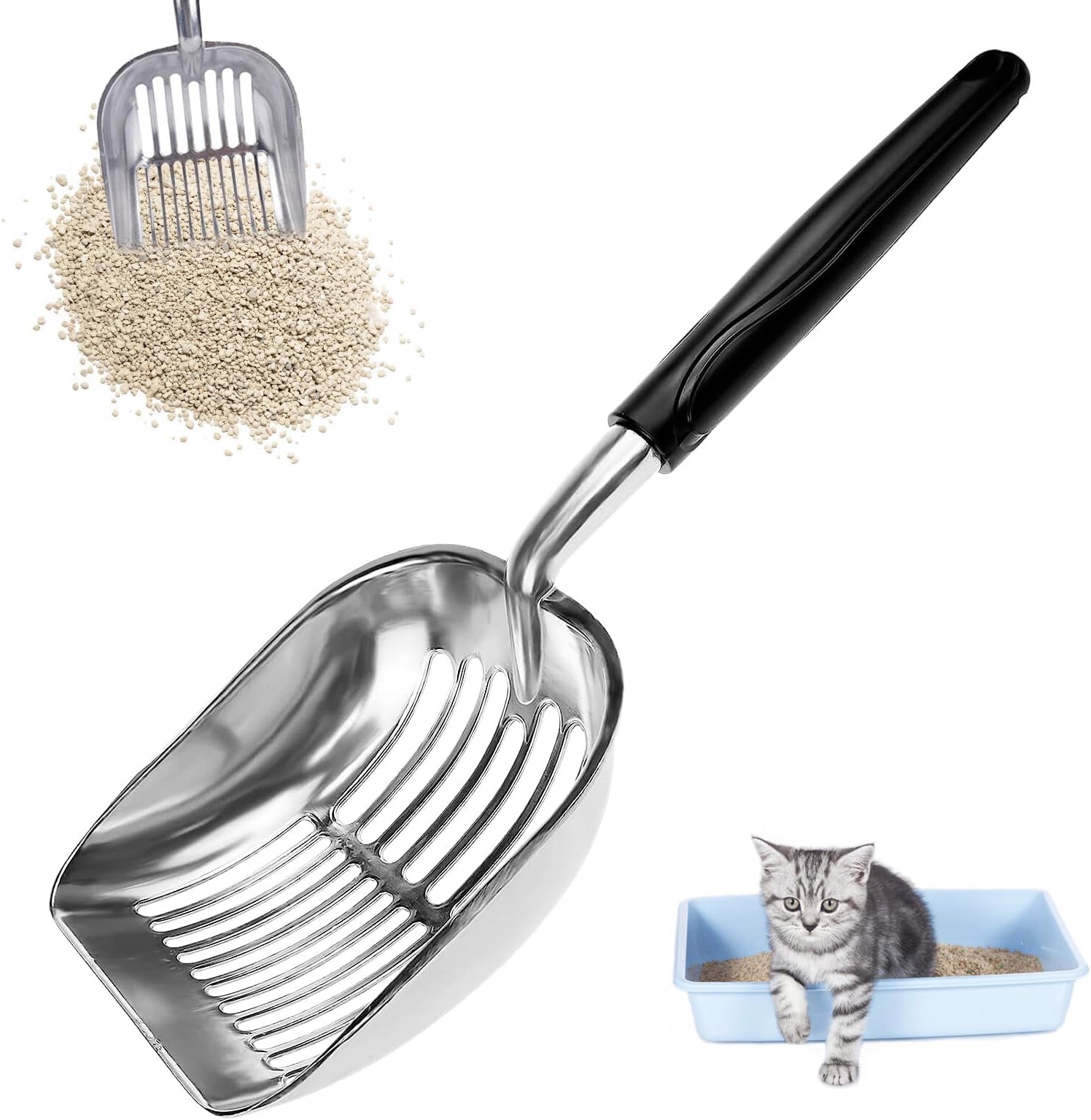 SGERUFZ 2 Stück Katzenstreu Schaufel Mit Gummi Griff - Katzenklo Schaufel Mit 5mm Sieb