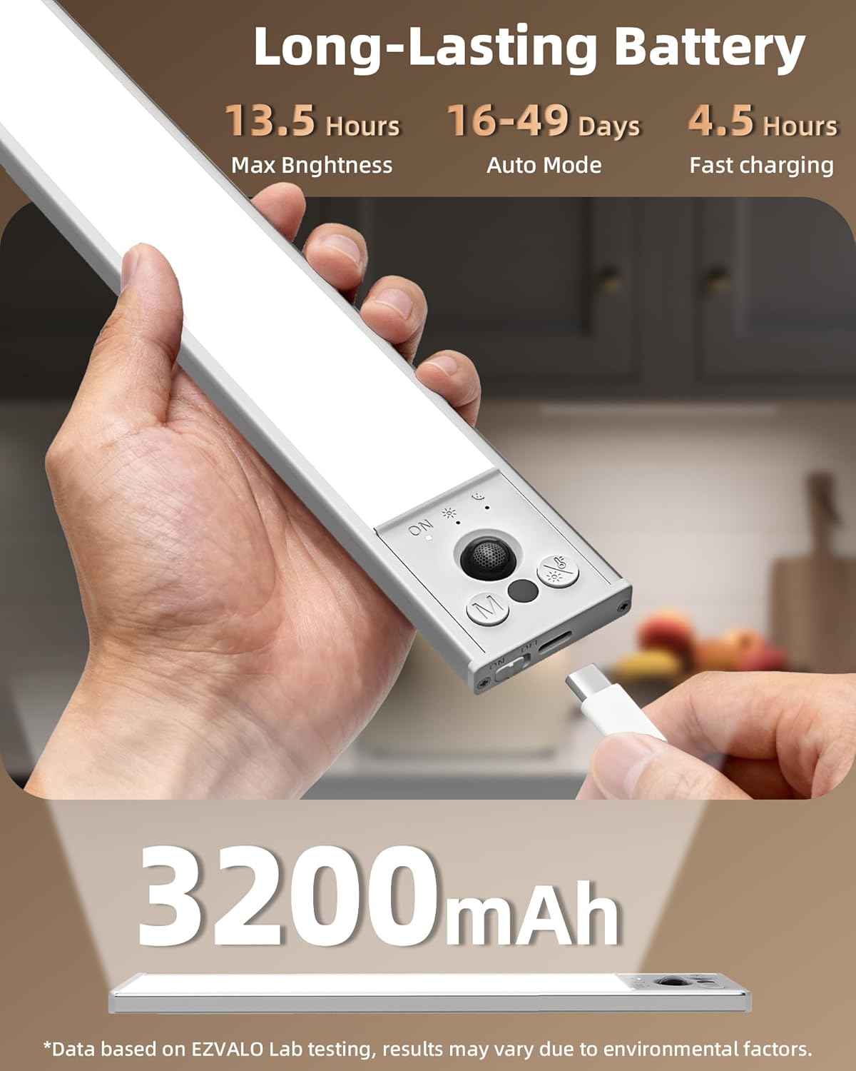 EZVALO 12inch Under Cabinet Lighting, 3200mAh Rechargeable Motion Sensor Light Indoor, with Dimmable & 3 Color Temps, Magnetic Closet Lights, Wireless Under Counter Lights for Kitchen, Stairs (4-Pack)