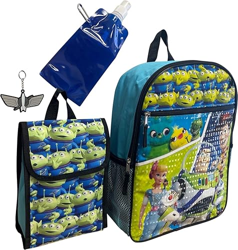 Miniatura 2 de Toy Story - Mochila grande de 5 piezas con lonchera, llavero, botella de agua plegable y mosquetón con clip de metal (negro y azul), Azul, Mochilas