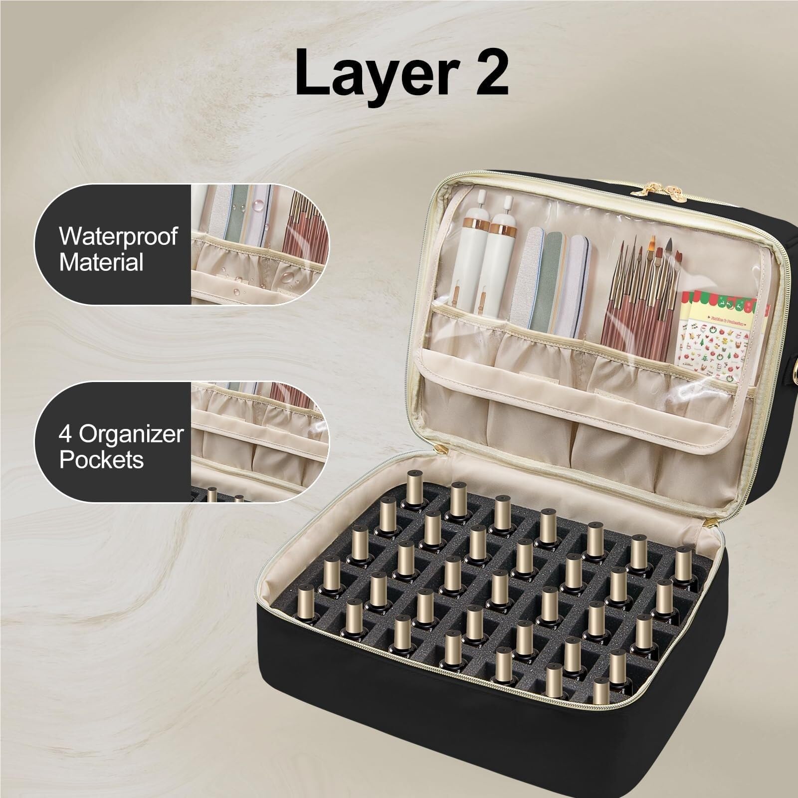 Organizer do Lakieru, Dwuwarstwowa Torba-organizer Na Przybory Do Paznokci, Pudełko Przechowywania 45 Butelek Beauty Makeup Case(Black)