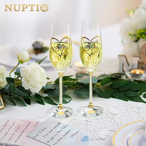 Miniatura 4 de NUPTIO Copas de champán del 50 aniversario juego de 2 copas de brindis de cristal dorado con caja de regalo de madera, copa de vino grabada para
