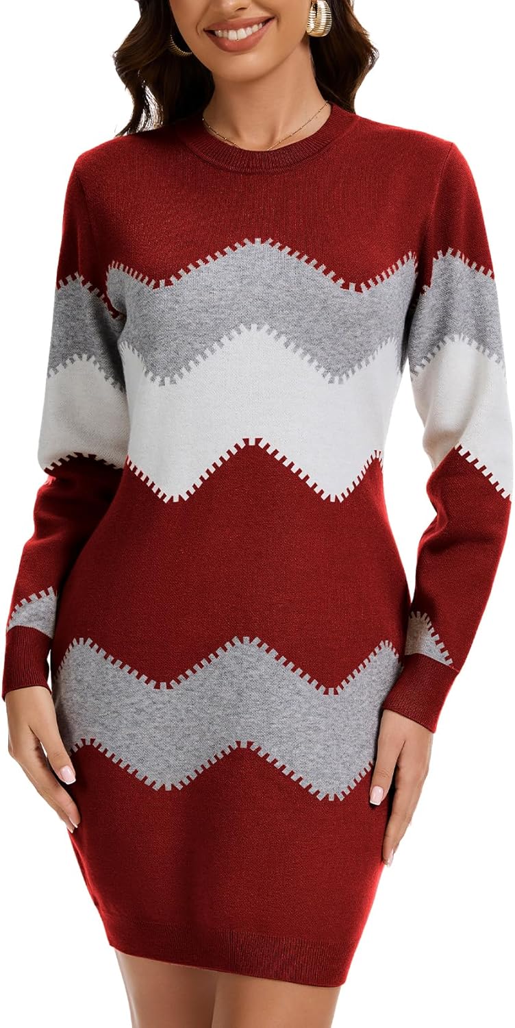 PEHMEA Women's Knitted Striped Bodycon Mini Sweater Dress Long Sleeve Crew Neck Fall Winter
