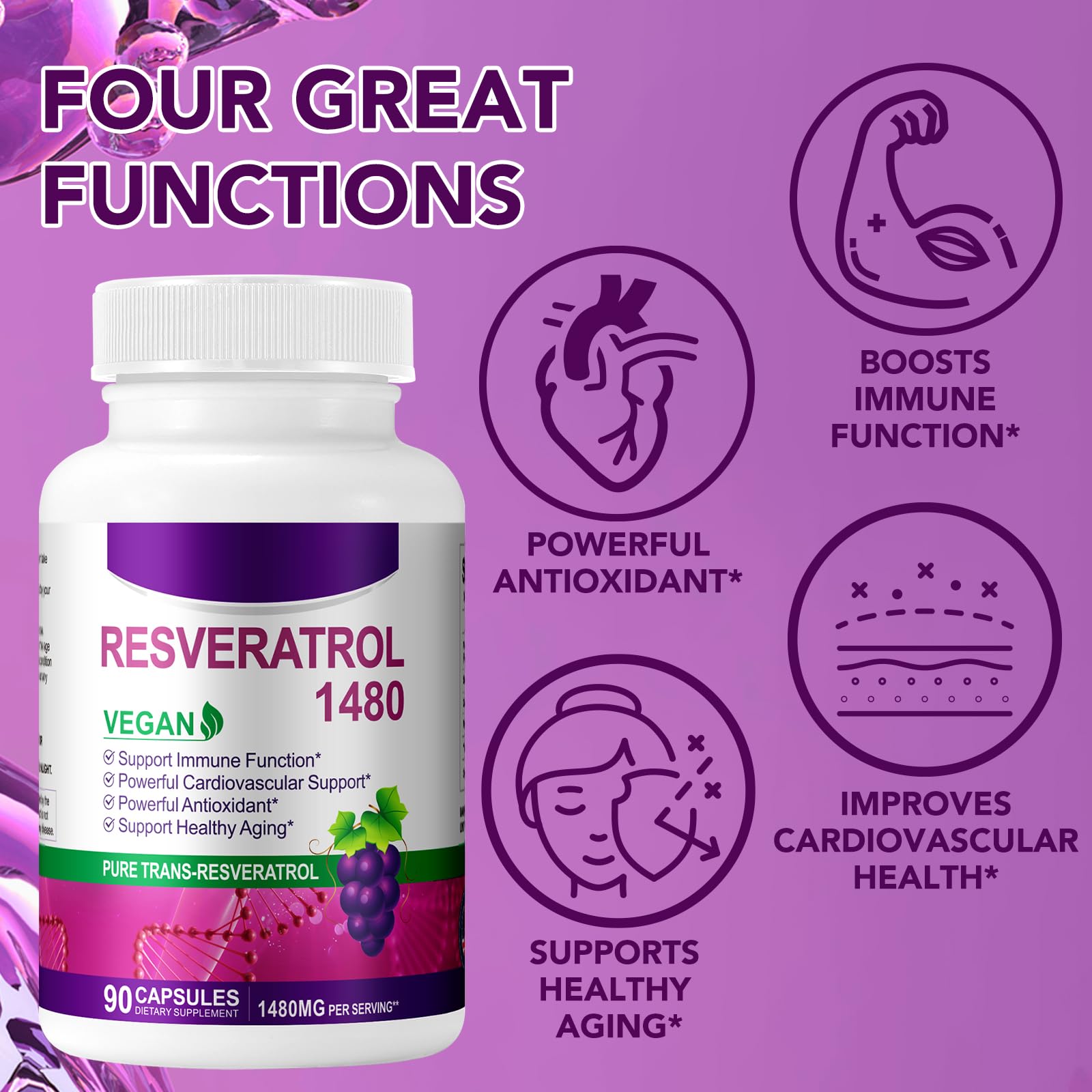 1480mg Resveratrol Kapseln, 1000mg Trans-Resveratrol mit Quercetin 300mg für Herz, Haut und Anti-Aging-Antioxidans I 90 Kapseln