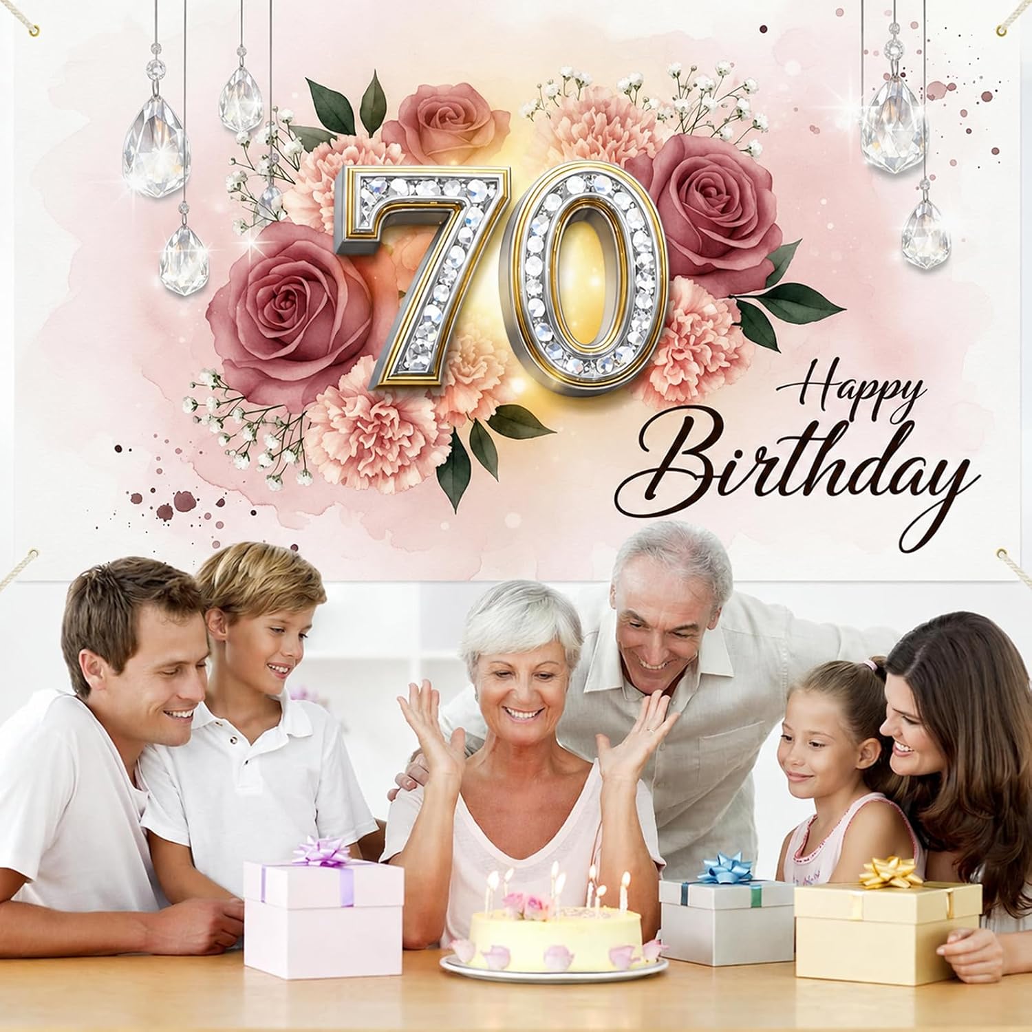 Floral 70th Birthday Banner Decorations for Women, Pink Rose Gold Happy 70th Birthday Backdrop for 70 Years Old Anniversary Party Home Wall Outdoor Indoor Photo Booth Background Supplies