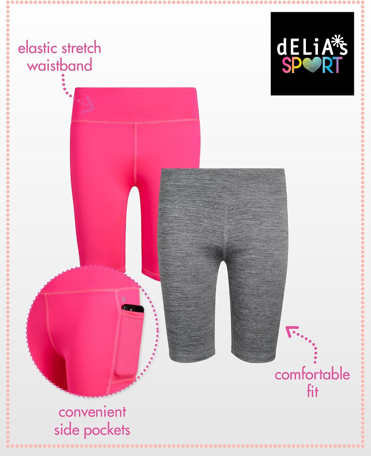 dELiA*s Girls Bike Shorts - 2 Pack Athletic Compression High Waisted Biker Shorts for Girls for Dance Yoga Gymnastics (7-16)