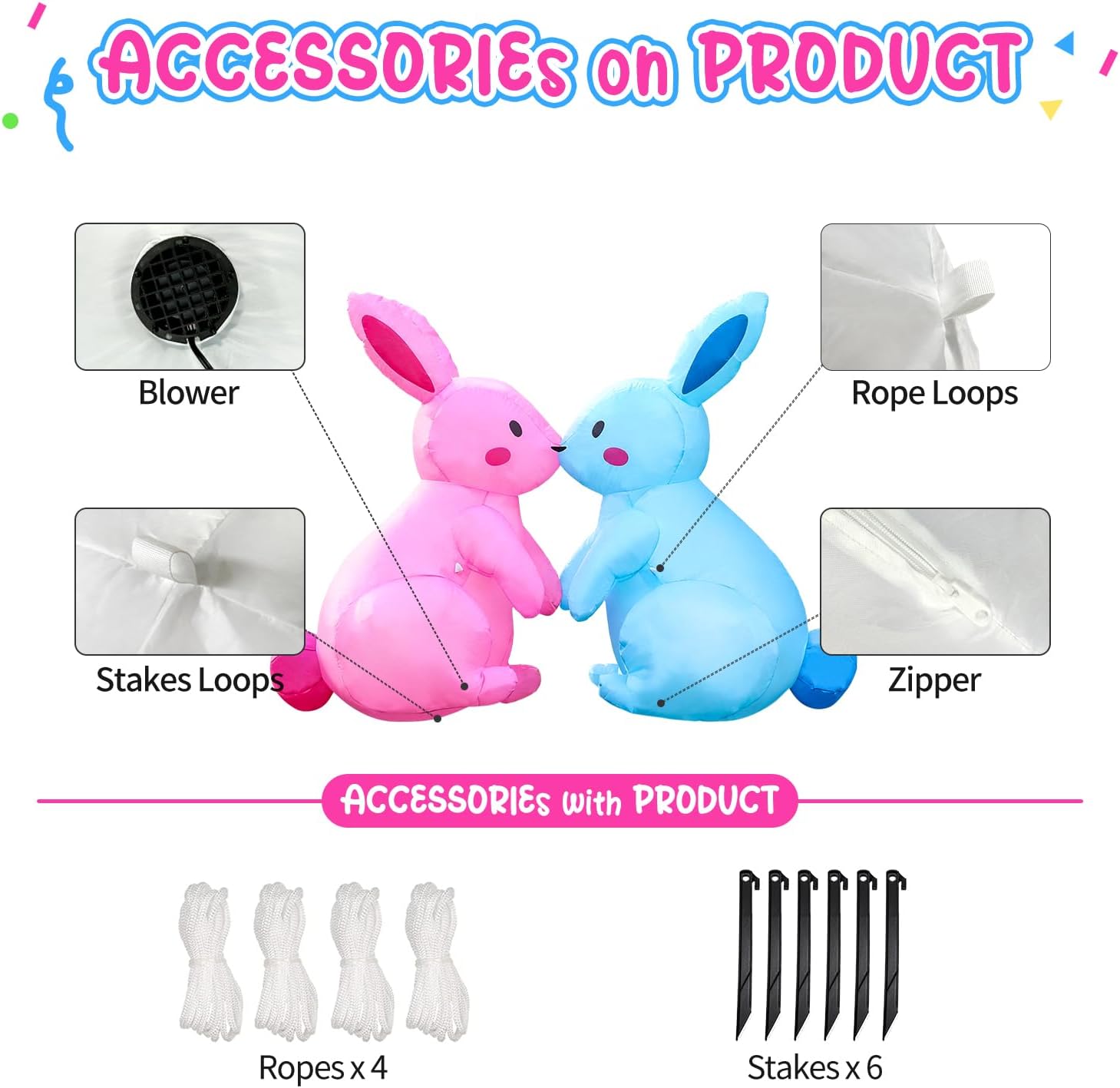 Domkom 6FT Long Kissing Valentines Day&Easter Inflatable Bunnies Outdoor Decorations, Build-in LED Lights Holiday Blow Up Yard Decoration, for Easter&Valentine's Day, Outdoor,Garden, Yard Lawn Décor - Image 6