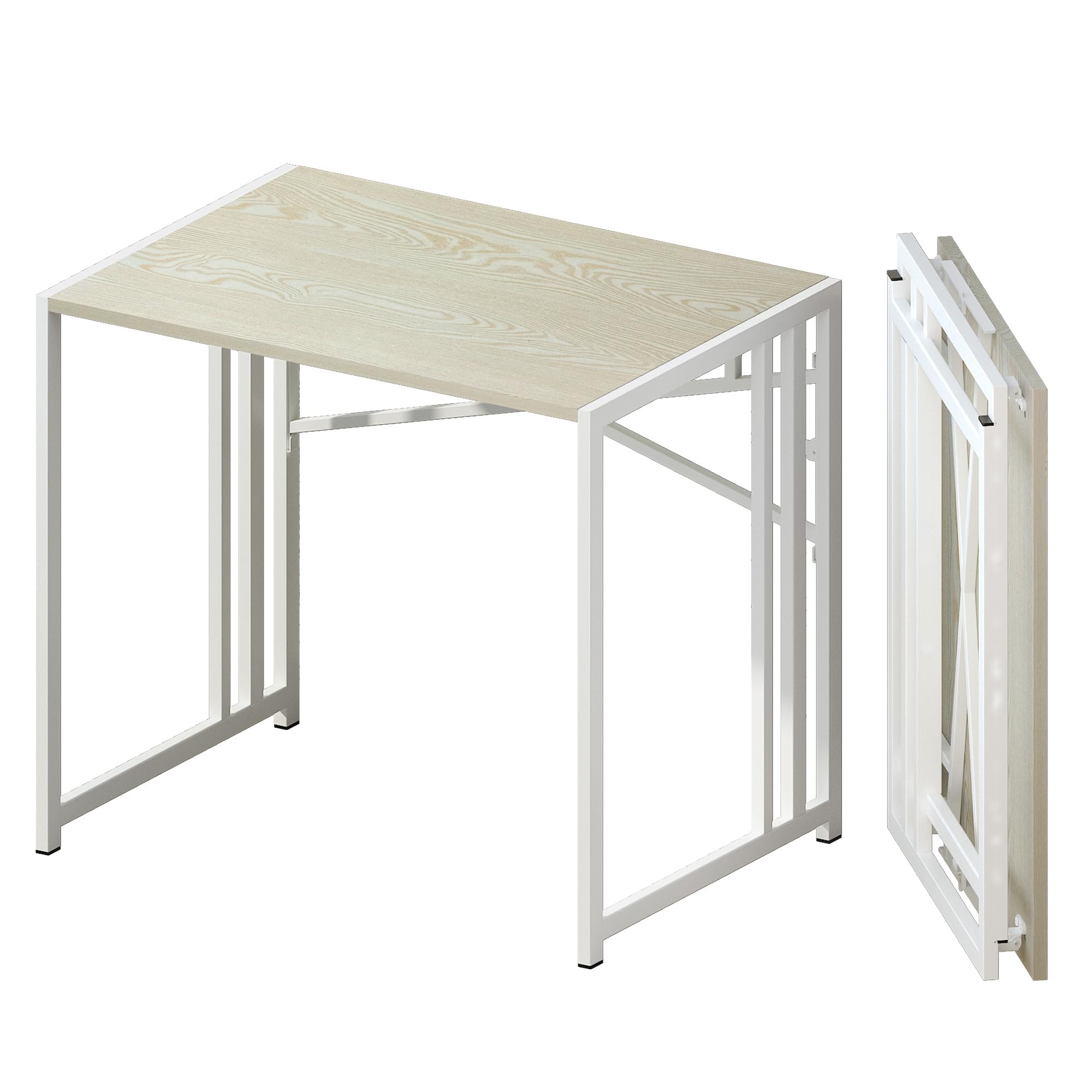 Lutown-Teen 32 inch Small Folding Desk, Writing Gaming Computer Camping Desk for Small Spaces, No Assembly Required Home Office Desk, Natural and White