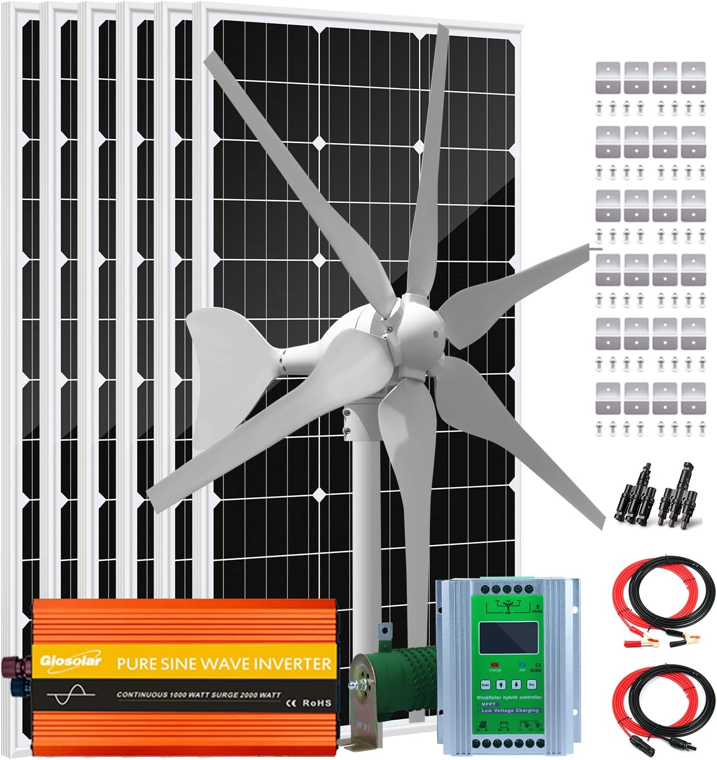 1000 Watt 24 Volt Solar Wind Kit Off Grid System 6 * 100 Watt Mono Solar Panel+400W