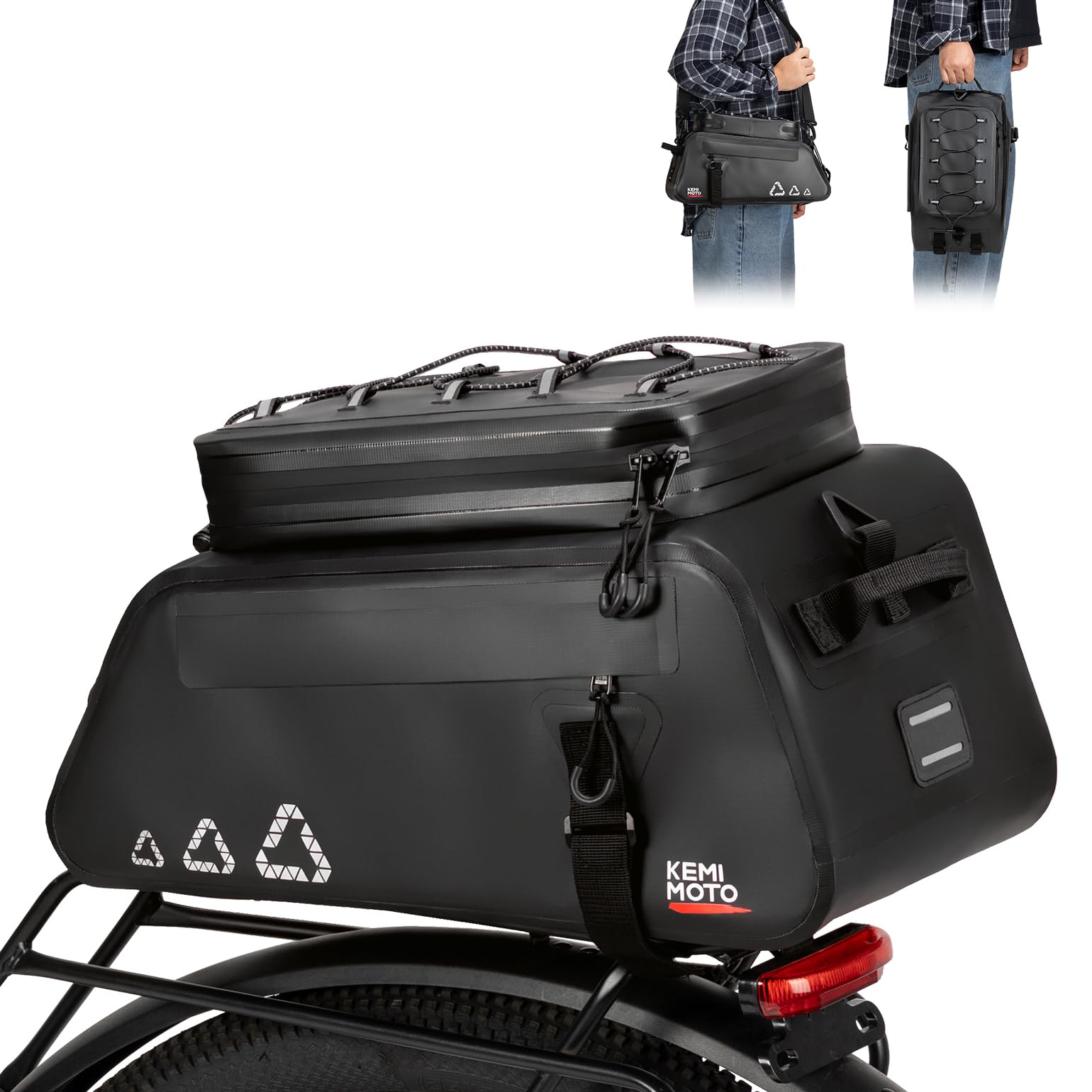 KEMIMOTO 3 in 1 Borsa Bici Posteriore, 13L Borsa per Bicicletta Posteriori Impermeabile con Striscia Riflettente, Borse per Bici con Tracolla e Maniglia per Strada Bike Mountain Bike
