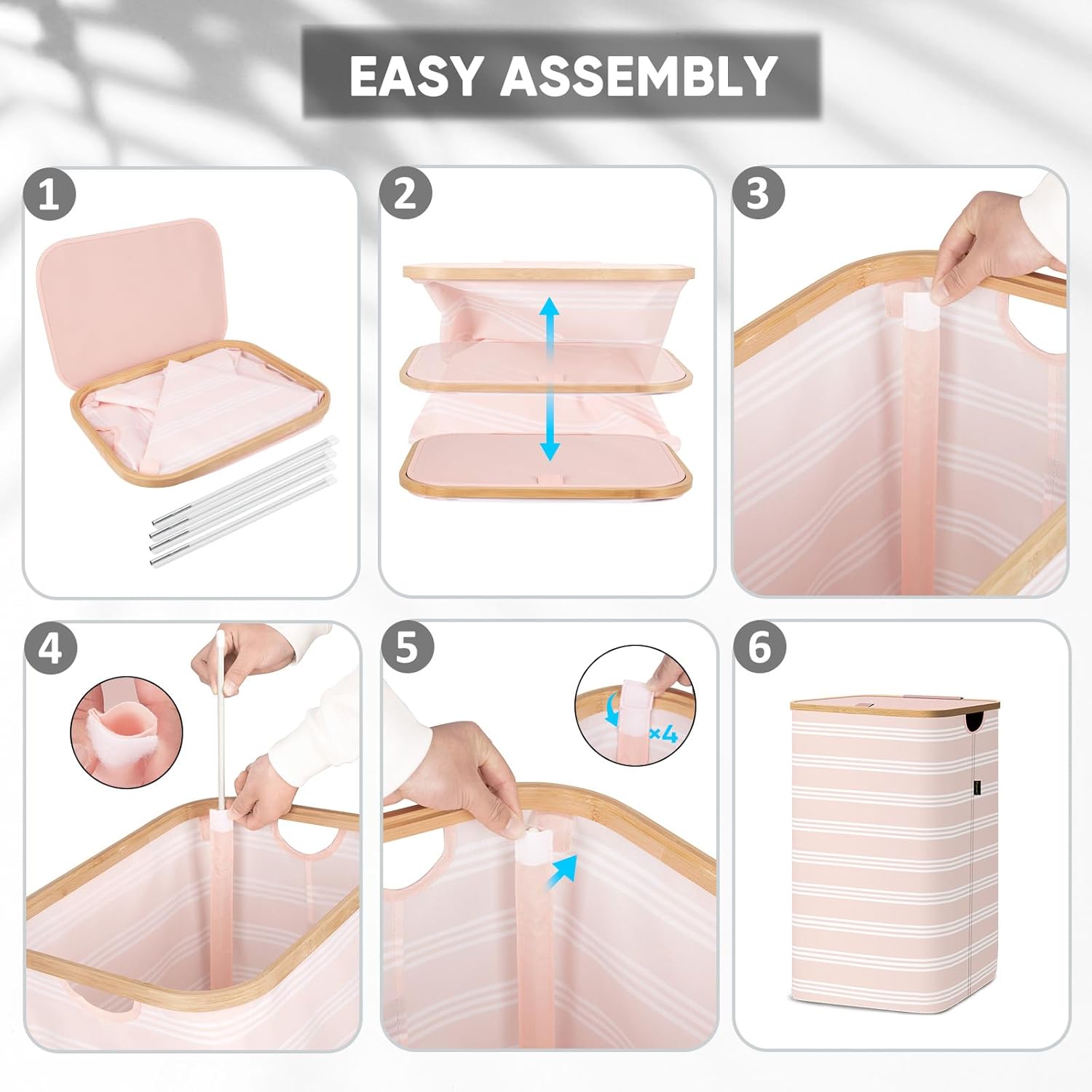 BALEINE Laundry Hamper with Lid, Tall Laundry Baskets with Bamboo Pull Handles, Large Laundry Bin with Internal Support (26 Gal/100L, Pink Pinstripe)
