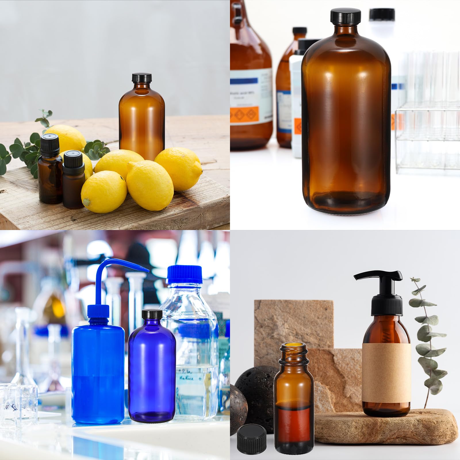 PATIKIL Frascos De Muestra De Vidrio De 8 Onzas (240 ml), 12 Piezas Frascos Redondos Con Tapón De Policono Negro, 12 Piezas Etiquetas, Cuerda Para Líquidos Reactivos, Aceites.