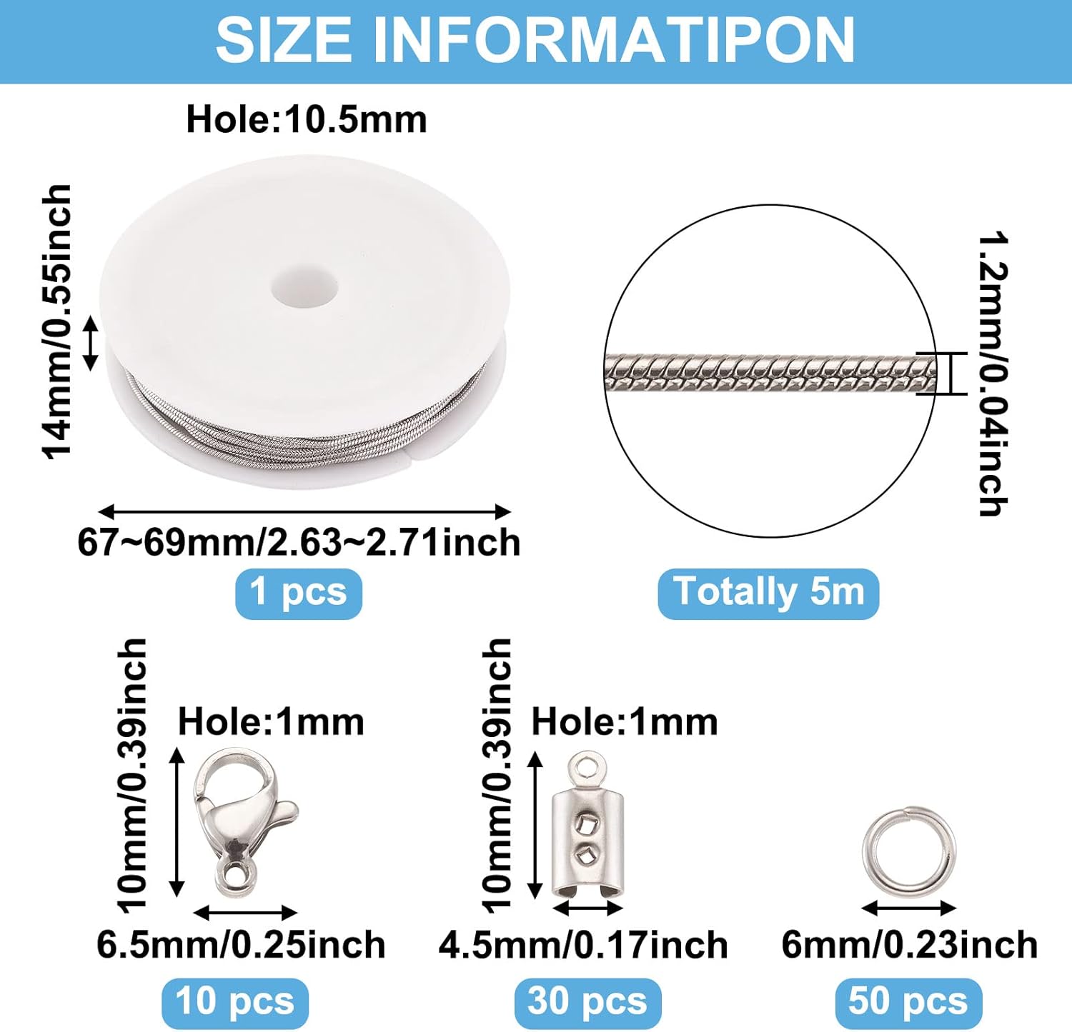 Pandahall 16.4 Ft 1.2mm Stainless Steel Snake Chains with 50Pcs Jump Ring 10Pcs Lobster Claw Clasps 30Pcs Folding Crimp Ends Jewelry Making Kits for Chain Necklace DIY… - Image 3