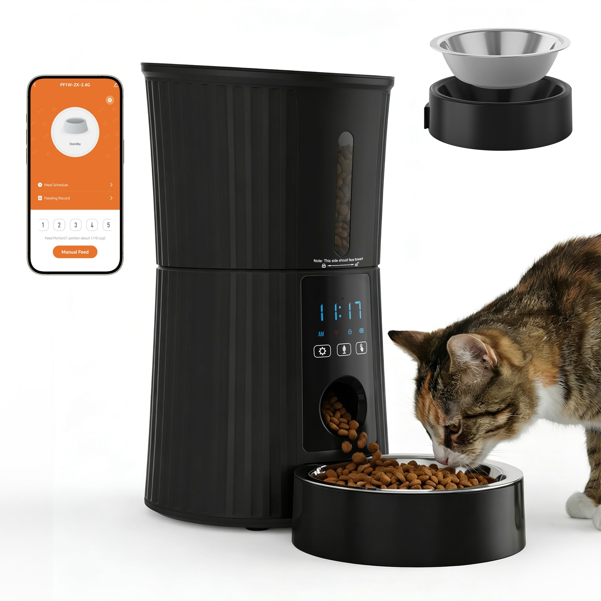 DUMOS Automatic Cat Feeder, 4L Timed Cat Food Dispenser with APP Control, 10s Voice Recorder, Dual Power Supply, 2.4G WiFi Indoor Programmable Pet Feeder with Desiccant for Small Cats and Dogs, Black