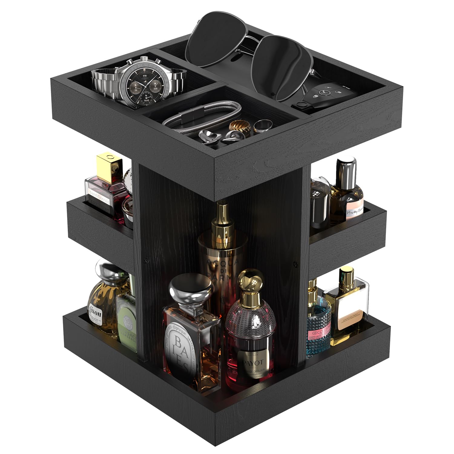 Rotating 3-Tier Solid Wood Cologne Organizer