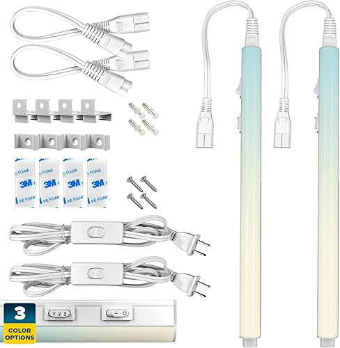 Sunperian Kit de luz LED para debajo del gabinete, 2 tiras de luz LED enchufables de 12 pulgadas, 10 W, 1000 lúmenes, enlazable, 3 opciones de color