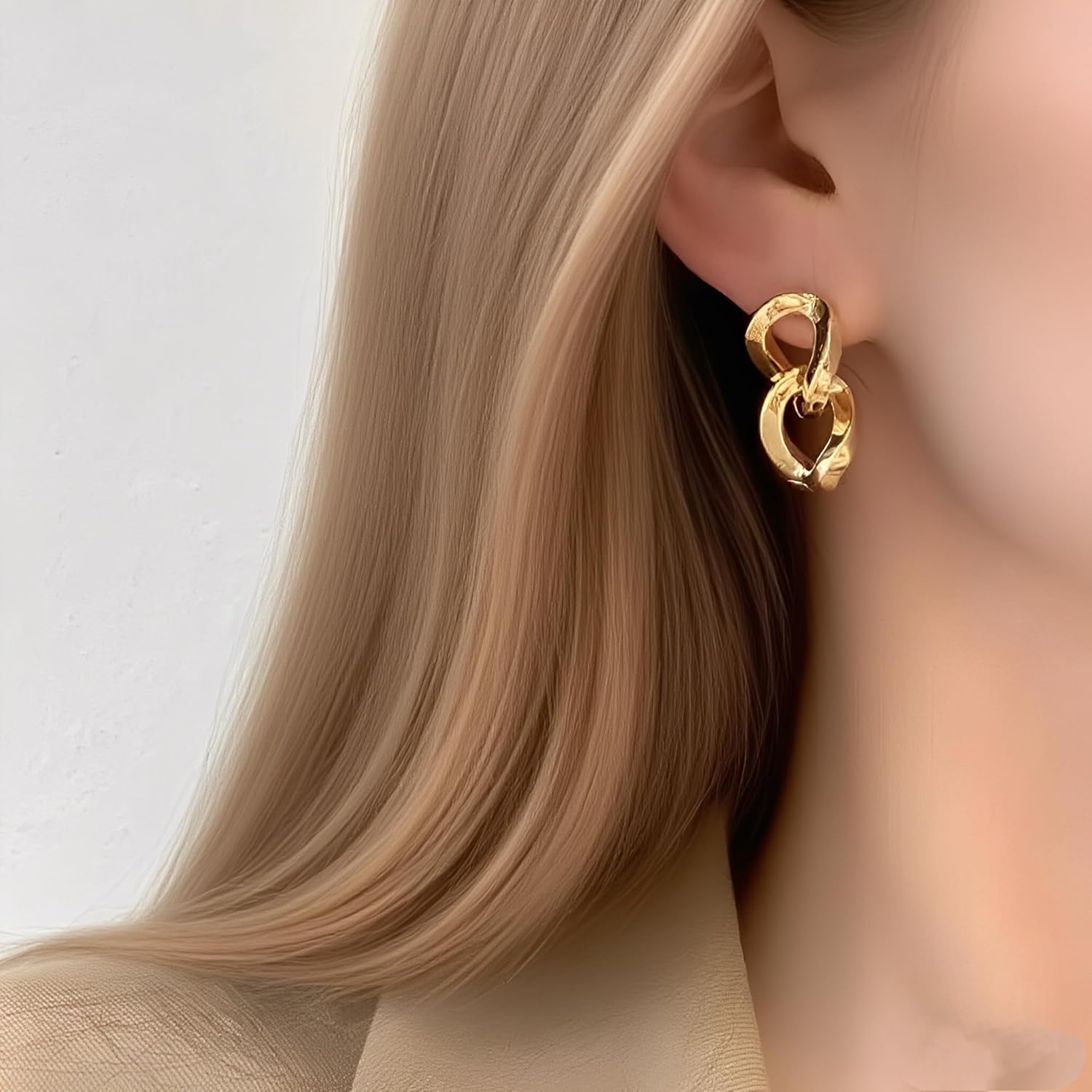 Double Hoop Earring Geometric Link Drop Dangle Earrings 18K Gold Plated Paperclip Earrings For Women With Sleek Shine - Image 5