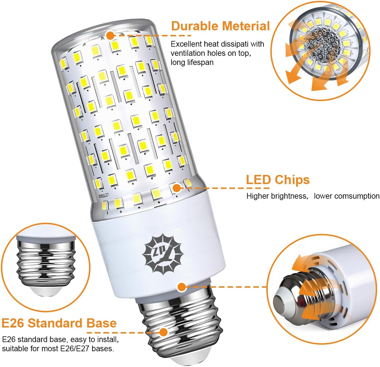 ZP 20W LED Light Bulb 4 Pack, 300W Equivalent Bulbs, 4000Lumens Cool Daylight White 5000K LED Corn Light Bulb, E26/E27 Medium Base Corn Bulb for Room,Warehouse, Parking Lot, Backyard Indoor