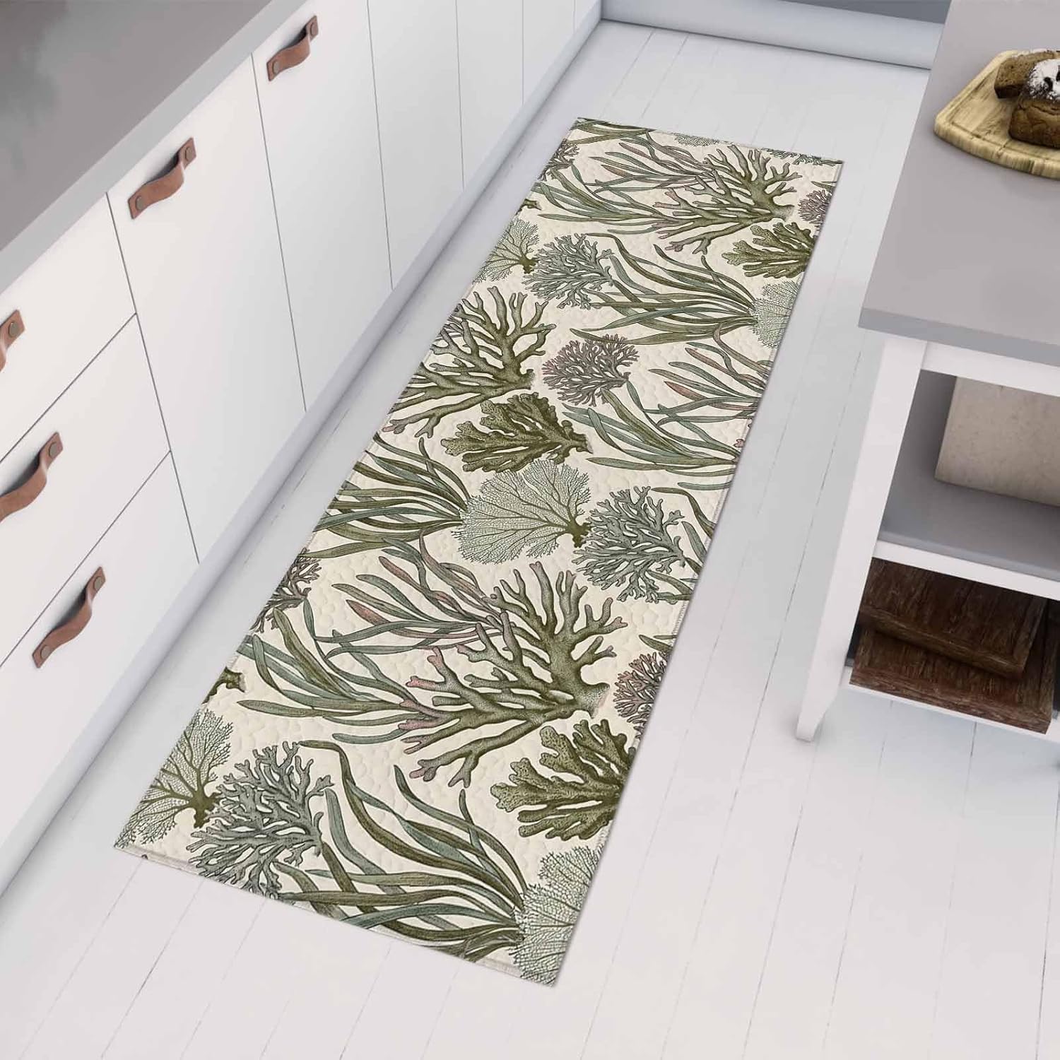 Teamery Kitchen Mats for Floor Ocean Sage Green Coral Seabed Washable Non Slip Kitchen Rugs 1PCS, Underwater Plants Absorbent Standing Mats for Sink Bathroom Office Living Room 23.6x70.9in