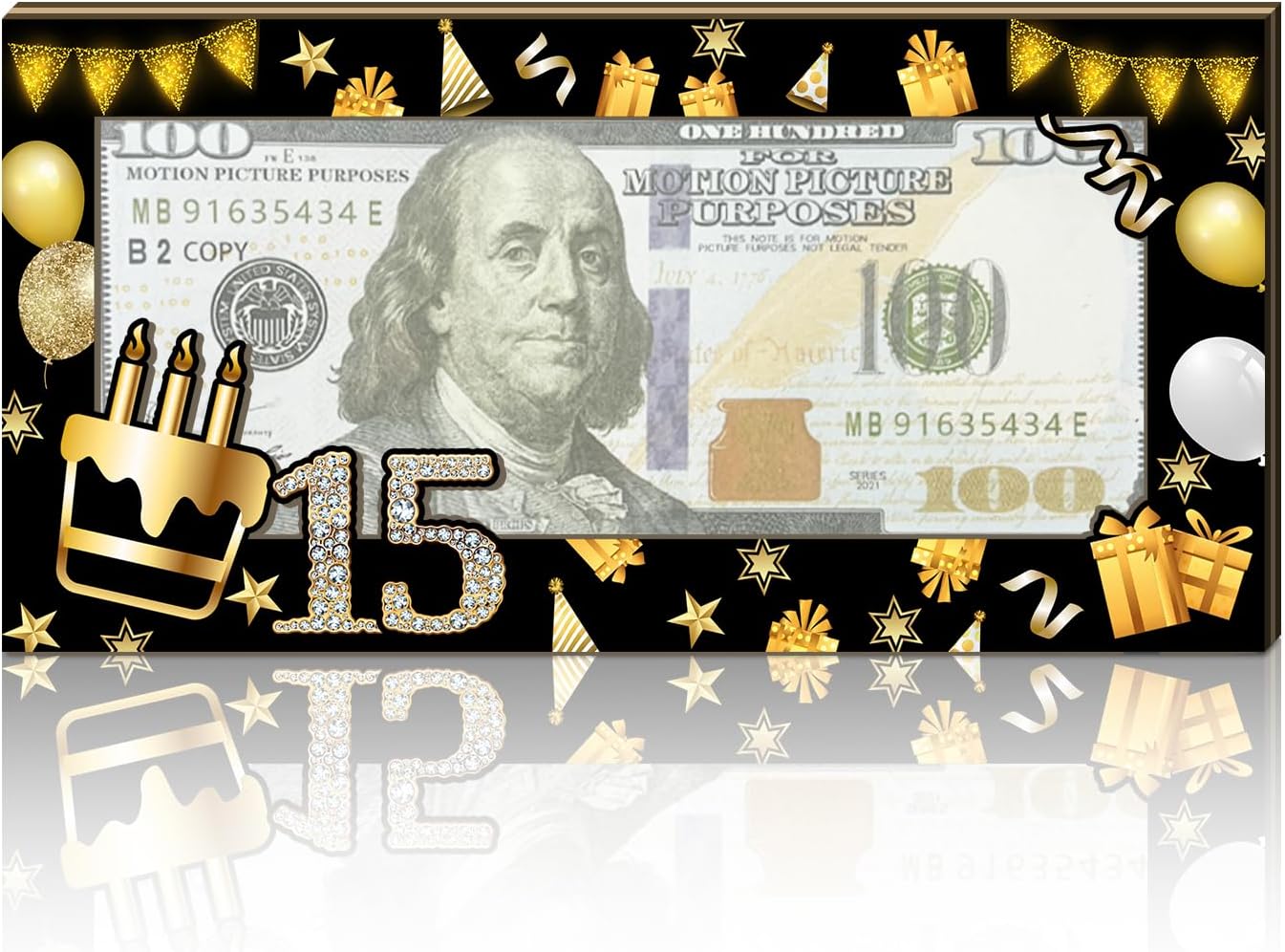 1PCS Black Gold Decor Birthday Money Holder - Wooden Cash Gift Box Envelope for Boys money-gold-15th