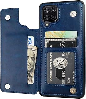 Onetop Compatible with Samsung Galaxy A12 Wallet Case with Card Holder, PU Leather Kickstand Card Slots Case, Double Magnetic Clasp and Durable Shockproof Cover 6.5 Inch(Blue)