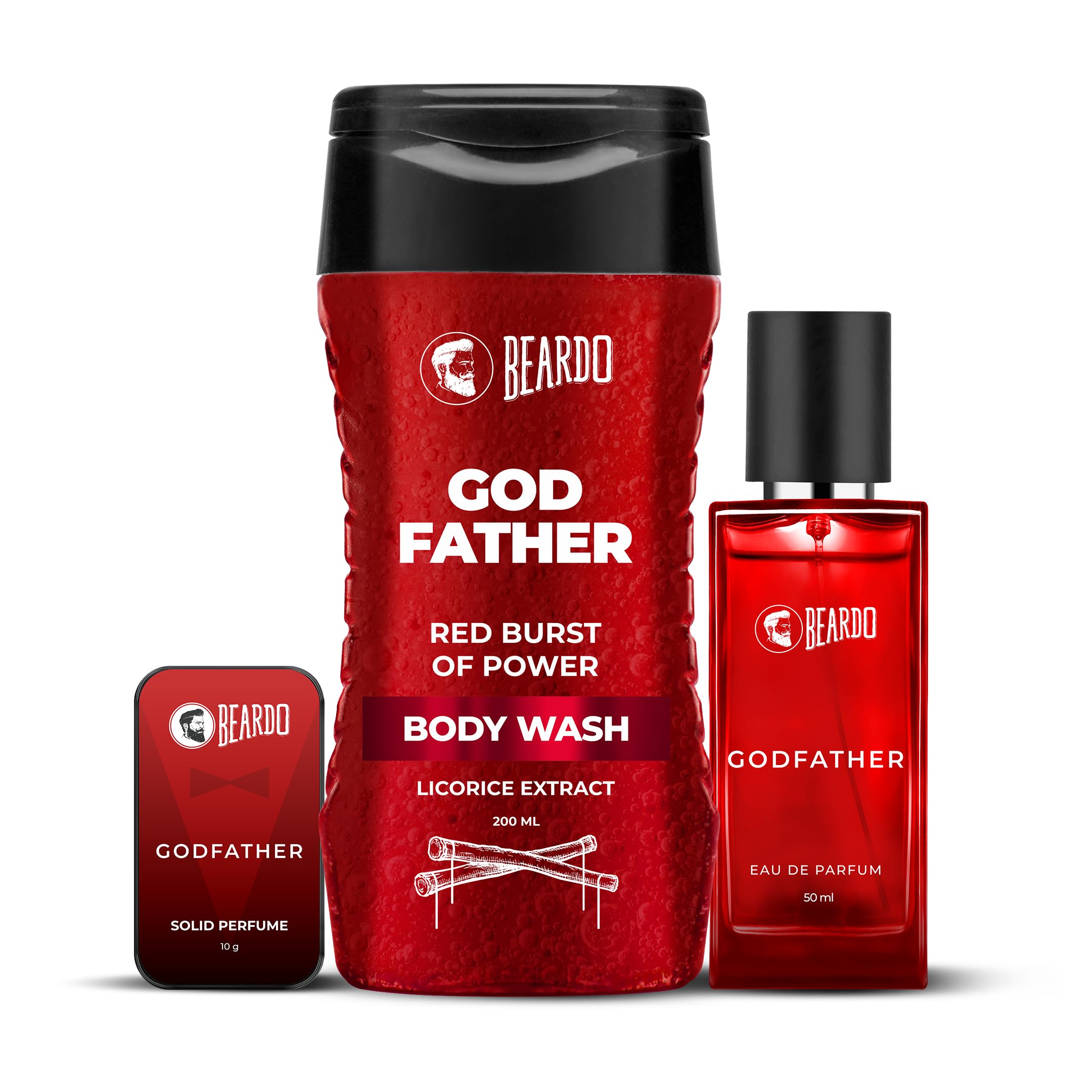 Beardo GodFather Body Wash 200ml, Solid Perfume 10g & Perfume 50ml - Set of 3, Grooming Essentials for Men | Powerful and Energising Bodywash for Men | Perfume for Men | Refreshing Cleanse & Long-Lasting Fragrance