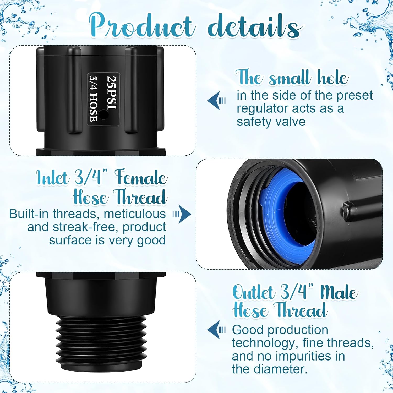 Rossesay 11 Pcs Garden Irrigation Kit with Pressure Regulator 25 PSI 3/4" Female Hose Thread x Male Hose Thread 1/2 Inch Fittings End Plugs 3/4" to 1/2" Adapter for Drip Irrigation System