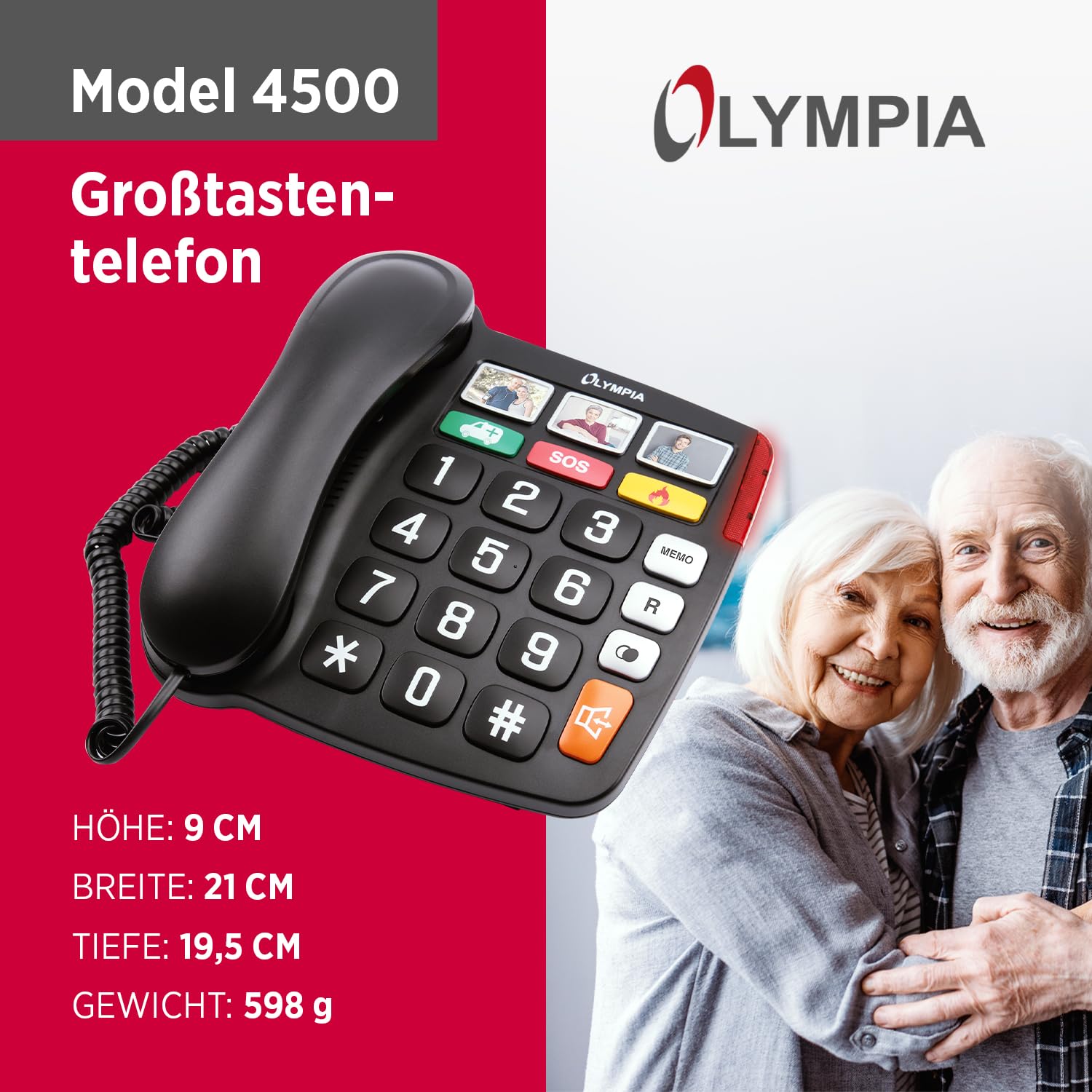 Olympia Großtastentelefon 4500 | Seniorentelefon Festnetz | extra große Wahltasten | Hörgerätekompatibel | Senioren Telefon mit Kabel | 3 Foto-Direktwahltasten | Festnetztelefon mit Schnur | schwarz
