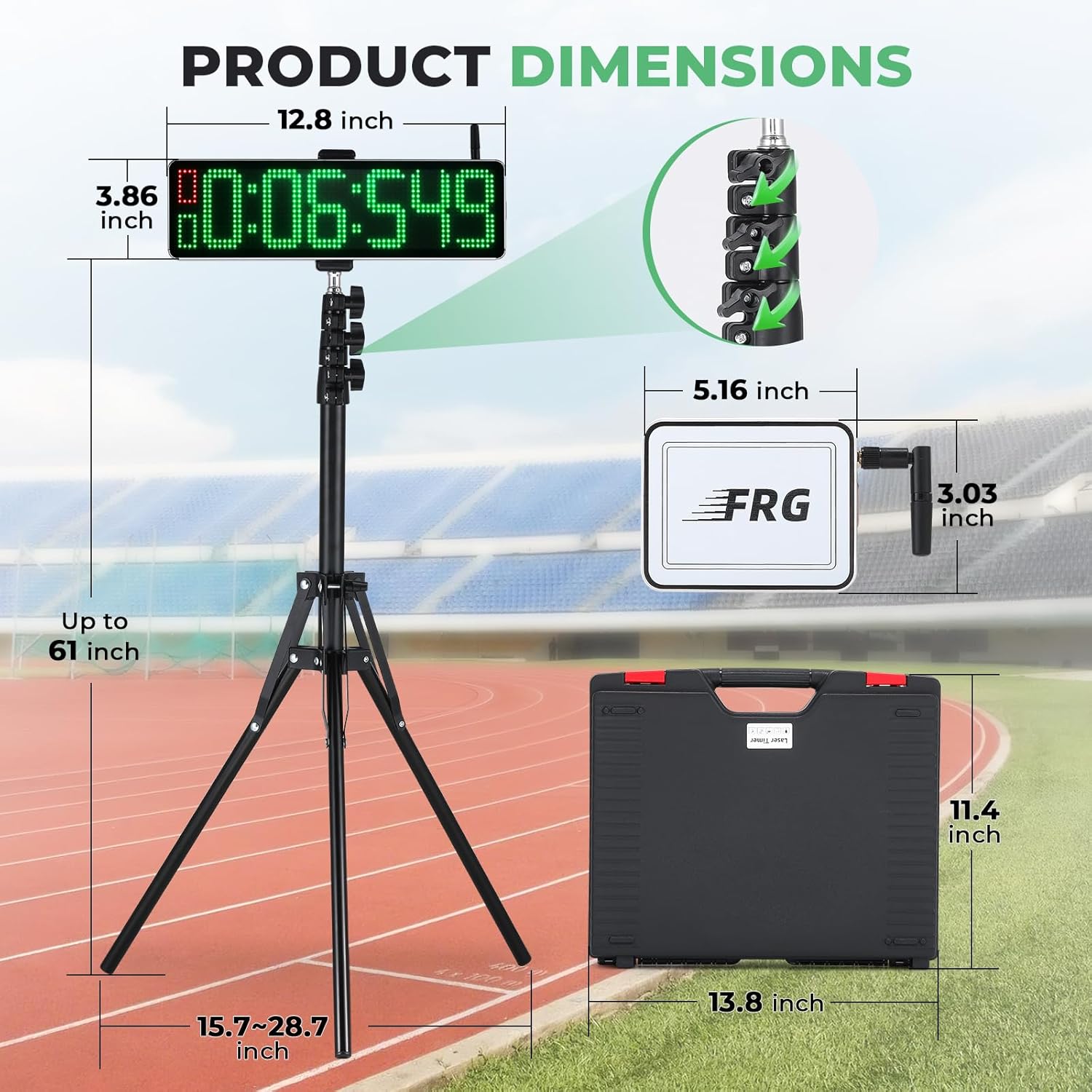 Diagram showing the product dimensions of the timer unit, auxiliary unit, and carrying case, along with tripod height.