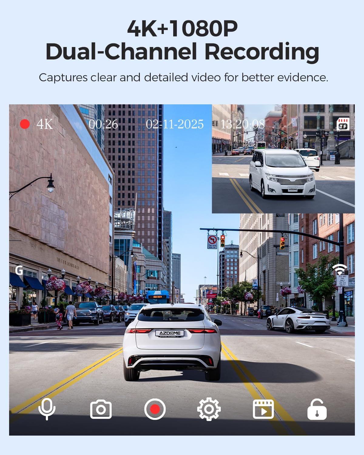 AZDOME Caméra embarquée Avant arrière 4K + 1080P, WiFi 4K, avec Carte SD 64 Go, Double caméra de Voiture avec Super Vision Nocturne, WDR, ADA, Enregistrement en Boucle, accéléromètre, Surveillance du