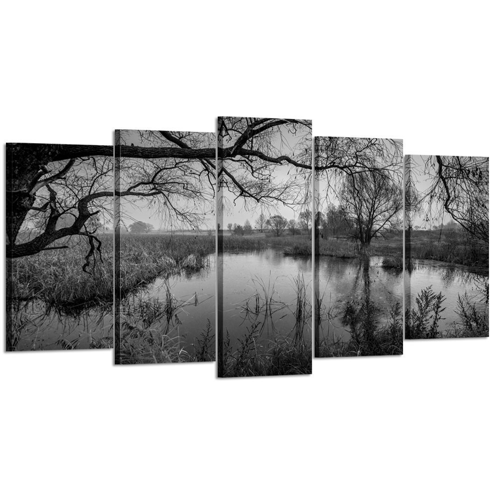 Kreative Arts - Black and White Wall Art 5 pcs Modern Canvas Painting Autumn Landscape Picture Tree in The Lake Print On Canvas Giclee Artwork for Home Decor (Large Size 60x32inch, Black and White)