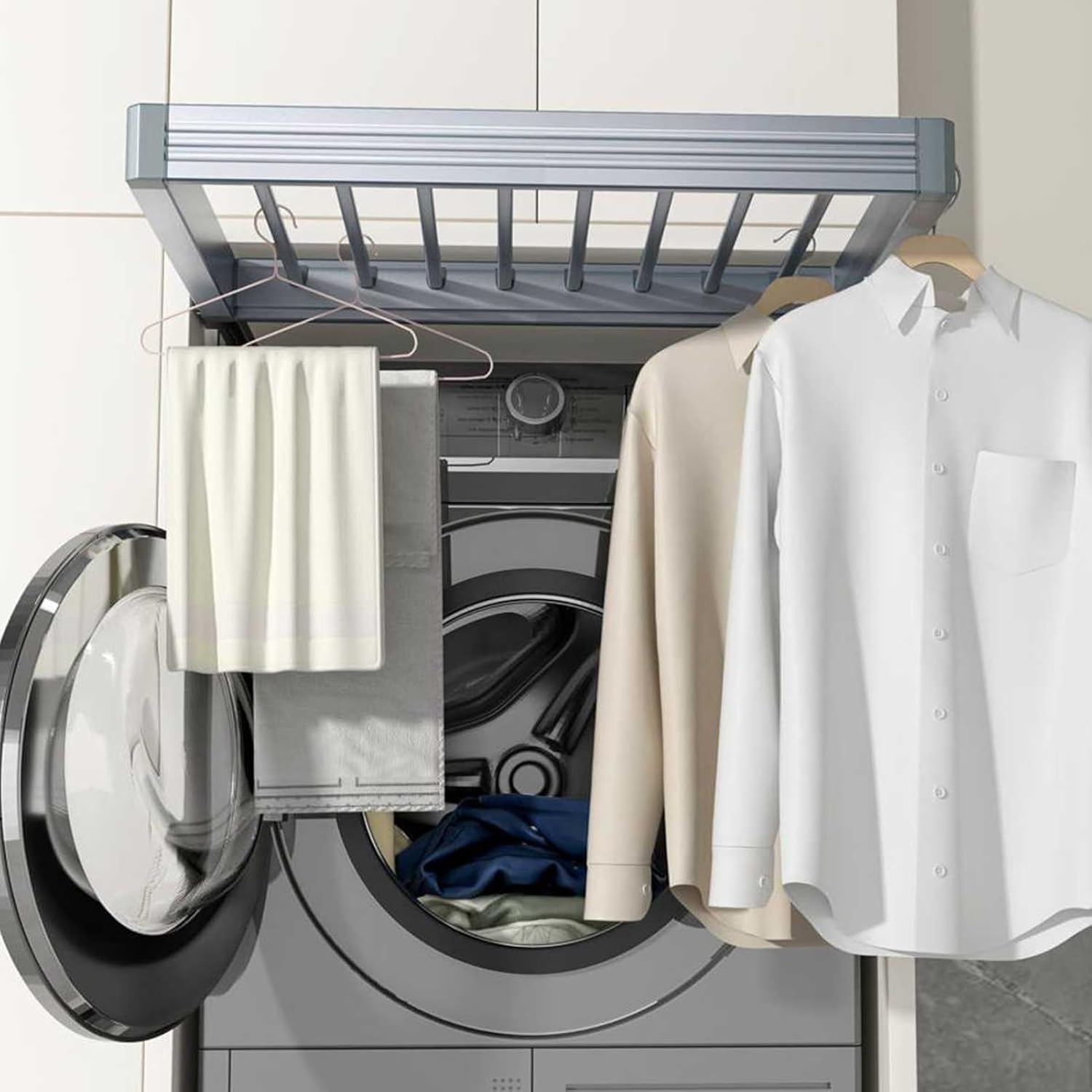 見えない洗濯機乾燥ラック、ワードローブ引き出し式バスケット内蔵、アルミ合金ズボンラック引き出し、衣類の保管と乾燥用(Color2,7