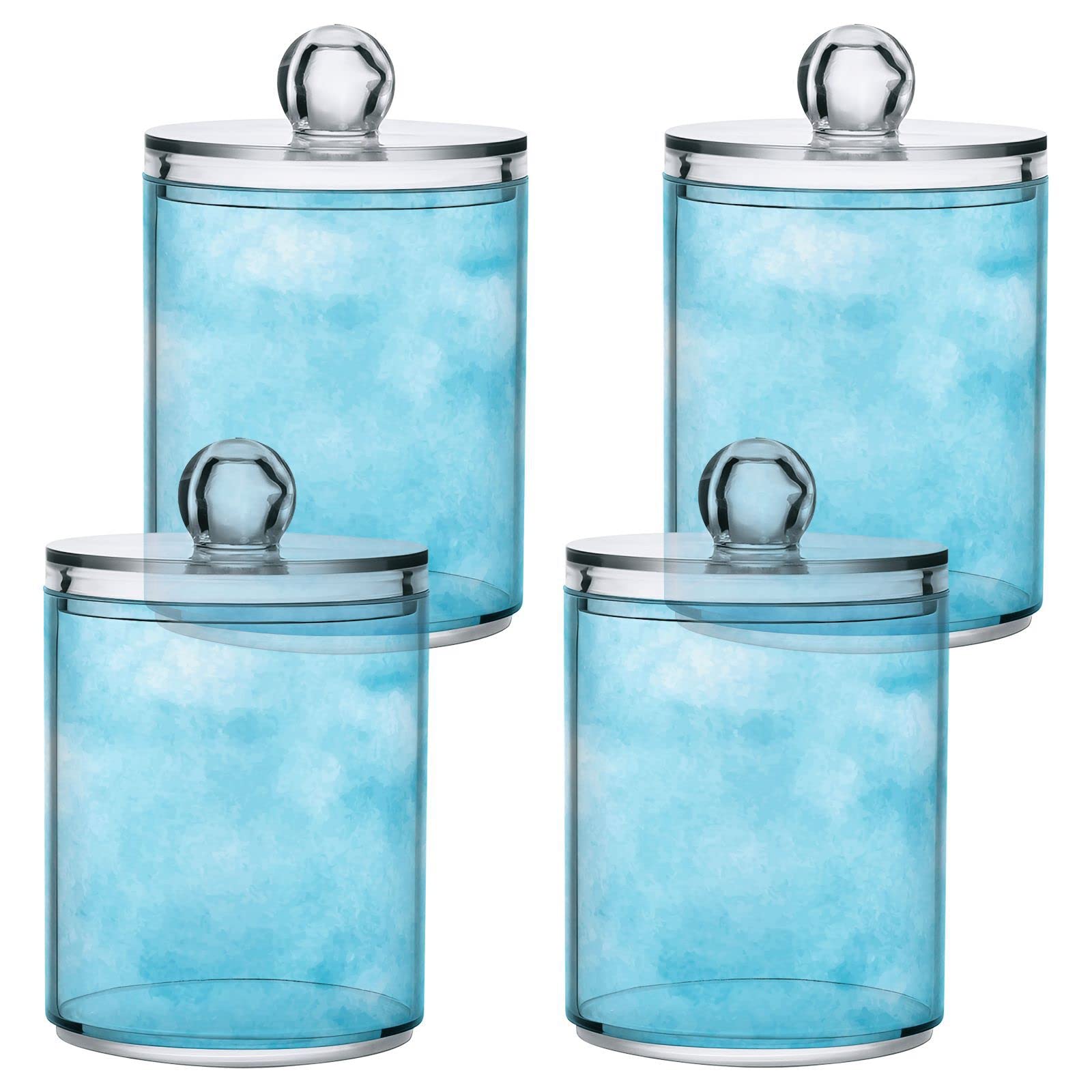Watercolor Blue Qtip Dispenser Apothecary Jars Bathroom Qtip Holder Storage Canister Plastic Jar 10 Oz for Cotton Ball Swab Round Pads Floss 4pcs