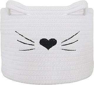 Small Woven Basket,Rope Storage Basket with Handle,Cute Cotton Basket for Nursery,Cat Dog Toy Storage Organizer Basket,Storage Bins for Toy Organizer,White,10×10×7 inch