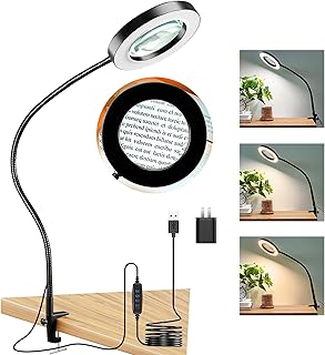 10X Magnifying Glass with Light and Clamp, HITTI 3 Color Modes Stepless Dimmable Lighted Magnifying Lamp, Flexible Gooseneck LED Magnifier with Stand for Craft Hobby Reading Nail Repair Close Work