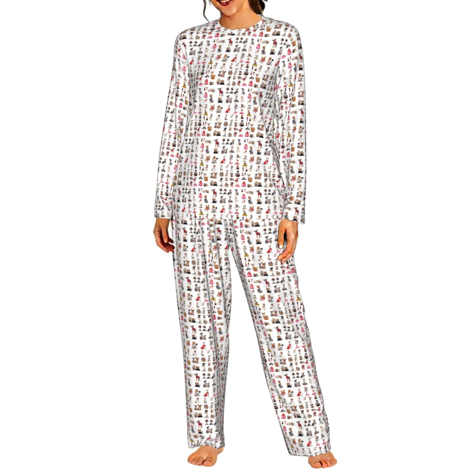 Carino Chihuahua Pug Modello Stampa Delle Donne Maniche Lunghe Pigiama Set Morbido Elastico Coulisse Casual Daywear