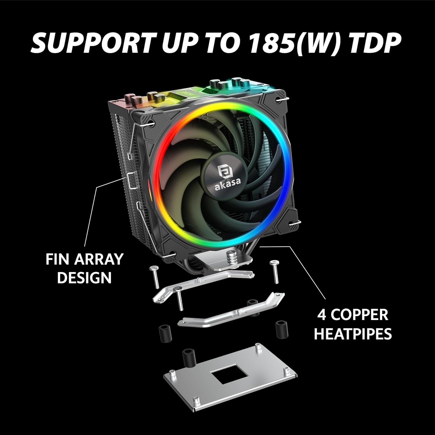 Akasa SOHO H4 Plus Intel LGA1700 & AMD AM4 & AM5, aRGB CPU Cooler, 120mm PWM Fan, 185W TDP 4 Copper Heatpipes, Addressable RGB Fan with RGB Socket, Intel Socket LGA 1700/2066/2011/115X/1200 AK-CC40222
