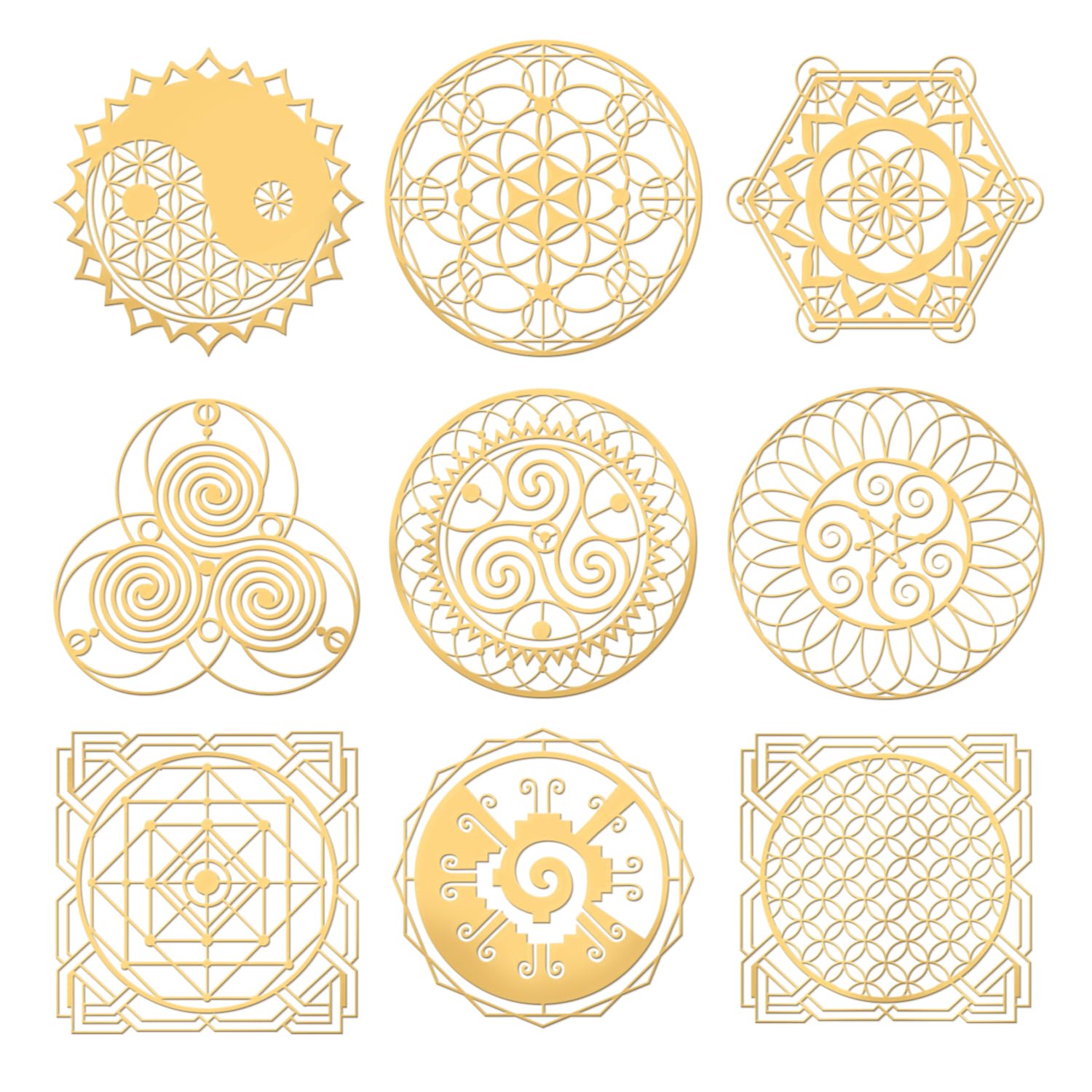 OLYCRAFT 9 Pcs Sacred Geometry Stickers Religion Themed Decals Stickers Geometric Pattern Gold Metal Sticker Metal Resin Filler for DIY Scrapbooks Resin Crafts Phone Decorations 1.6x1.6 inch