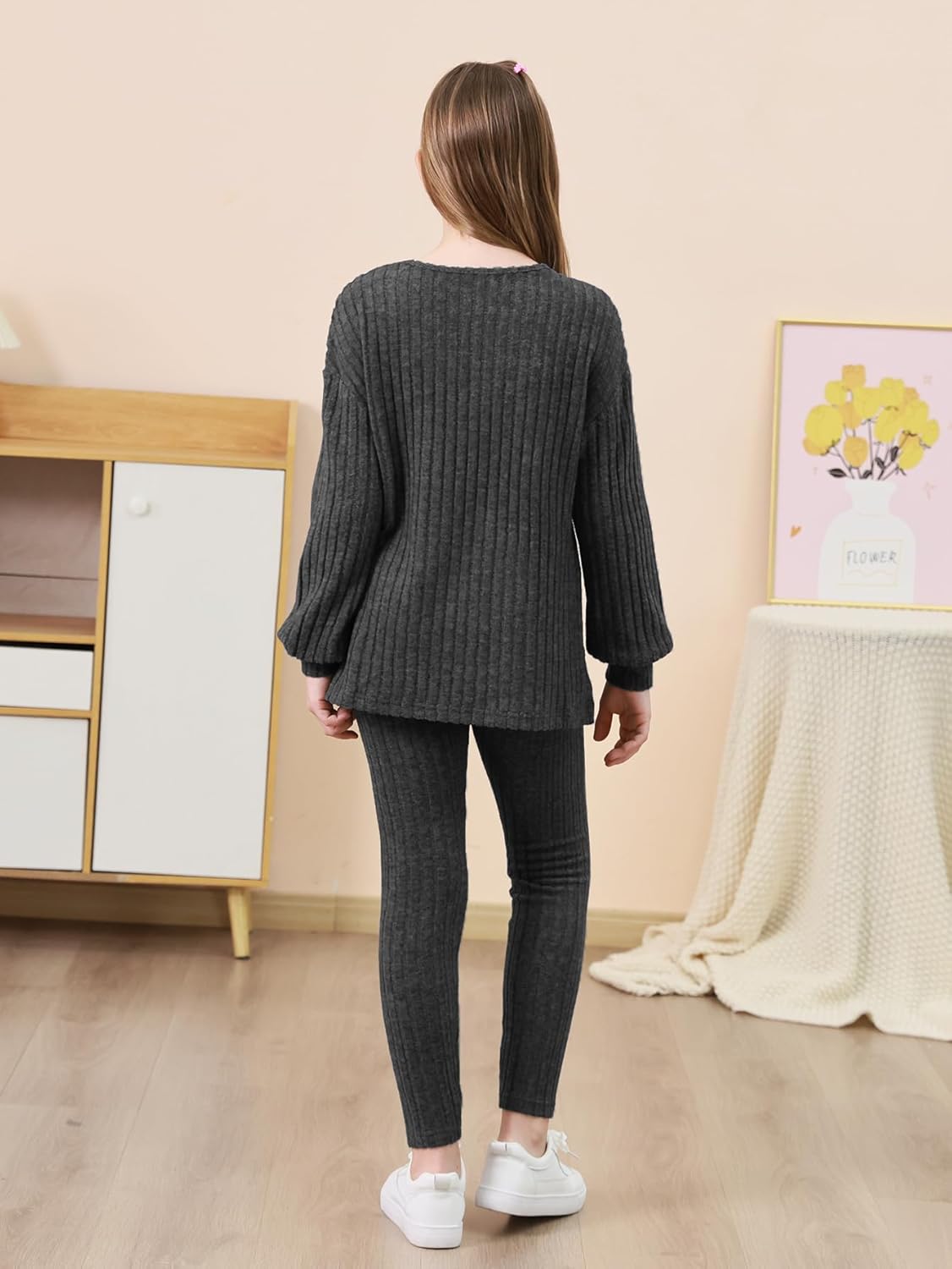 GORLYA Teen Girls 2 Piece Sweat Outfits Long Sleeve Ribbed Knit Sweatshirt Casual Legging Pant Kids Clothes Sets 6-14Y - Image 2