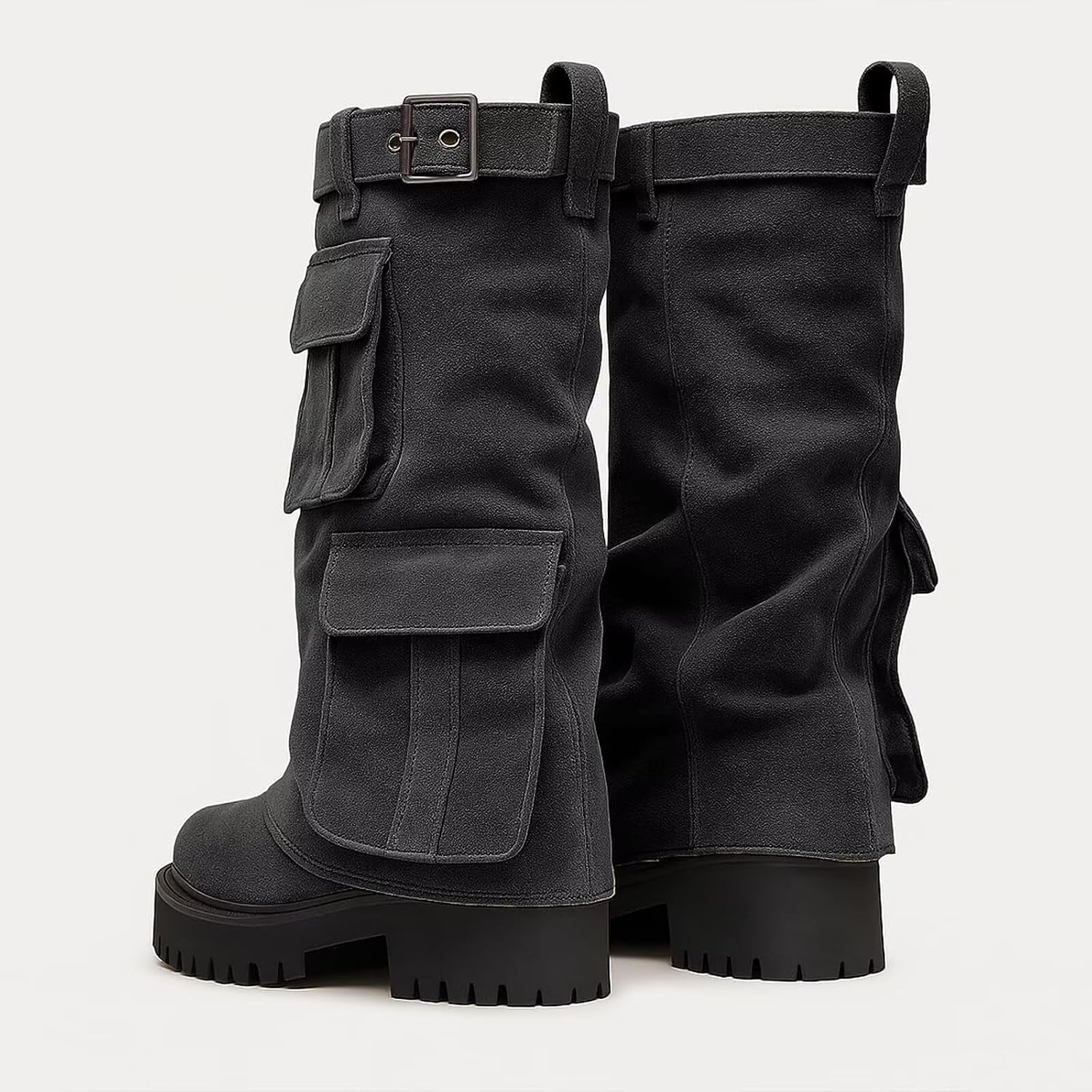 Agodor Women's Fold Over Boots for Women Platform Knee High Boots Round Toe Pull On Riding Biker Booties Buckle Chunky Vintage Moto Boot