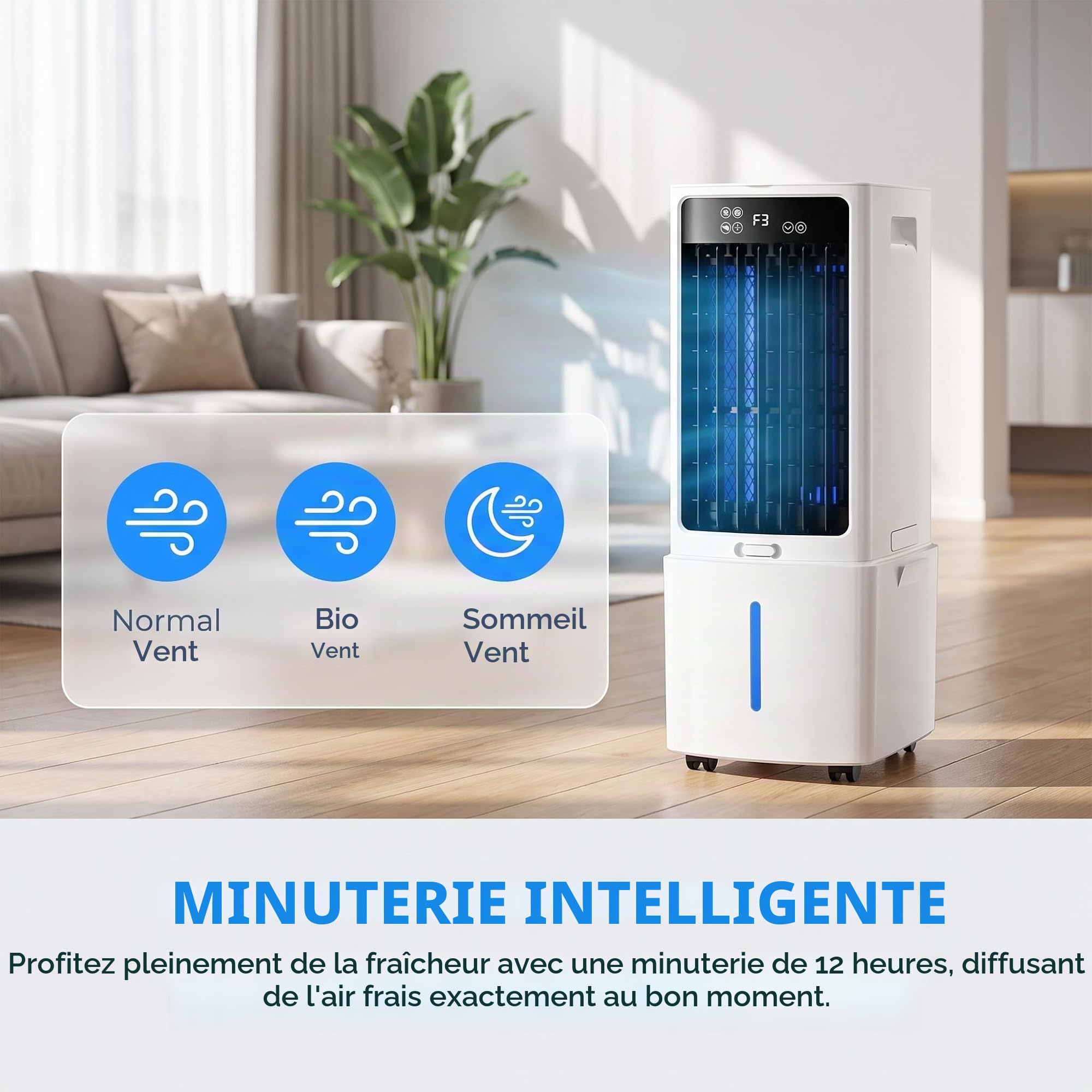 Rafraîchisseur D'air Portable 12L, Refroidisseur Évaporatif Avec Télécommande, 3 Vitesses, Minuterie 12H, Écran Tactile, Portée D'air De 6,8m Pour Chambre, Bureau Et Maison