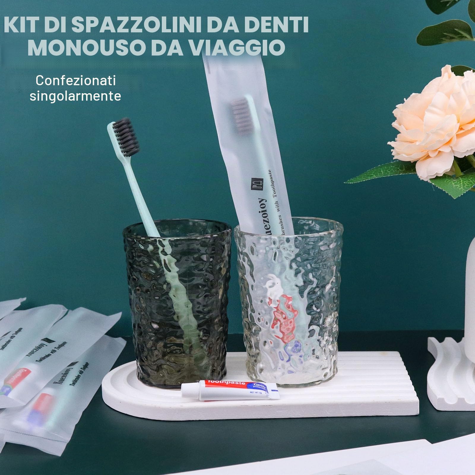 Spazzolini da Denti Monouso,100 Set Verde Confezionati Singolarmente Spazzolino da Denti Usa e Getta con Dentifricio Alla Rinfusa per Senzatetto,Casa di Cura,Hotel,Beneficenza,Viaggio