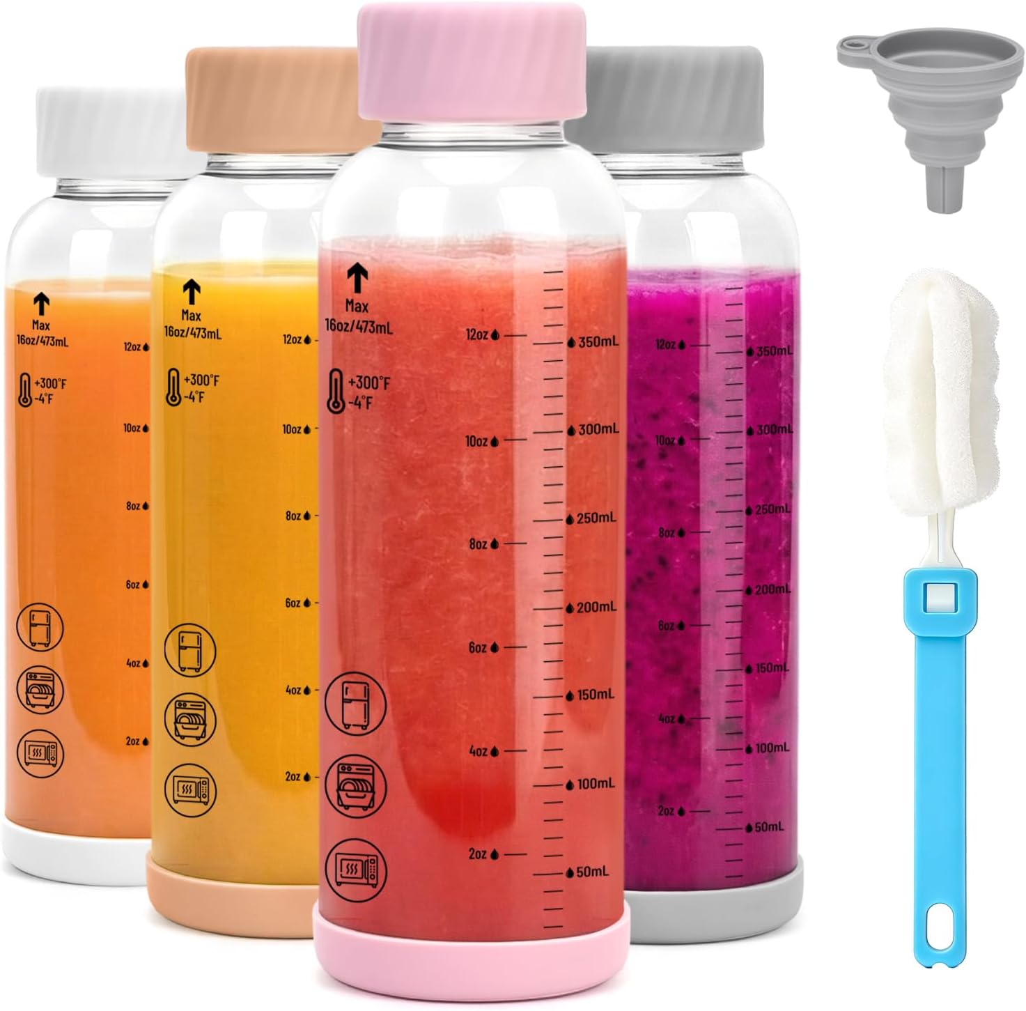 Zukro Glass Water Bottles with Colored lids 16 oz, 4 Pack Clear Borosilicate Juice Bottles with Stainless Steel Cap for Juicing, Airtight Leak proof, Heat-resistant, Measurement Markings, BPA Free
