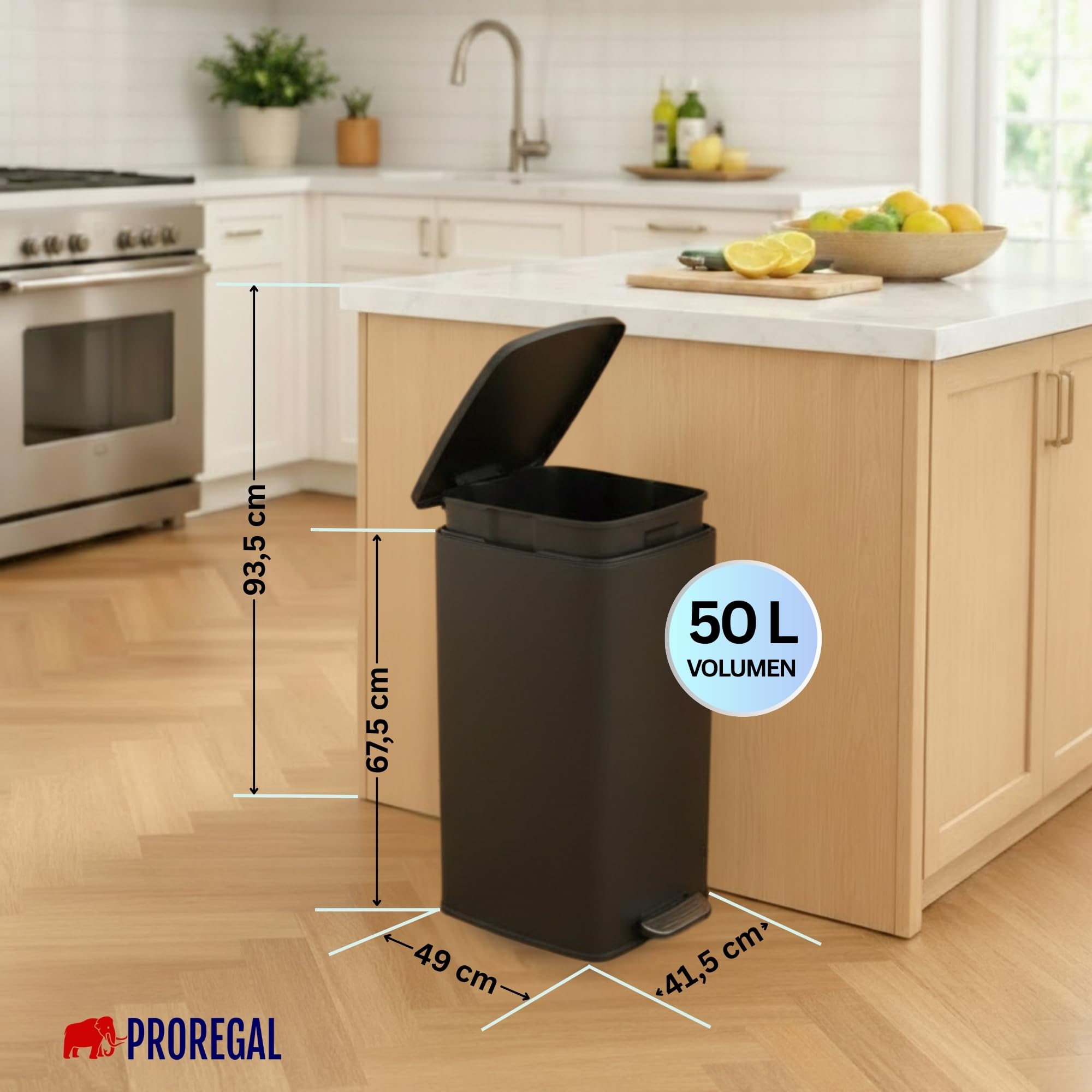 PROREGAL Poubelle cuisine salle bai 50 litres avec Softclose & Stay-Open couvercle. à Pédale & Seau Intérieur Amovible Acier Inoxydable HxLxP 67.5x41.5x49cm Noir Mat