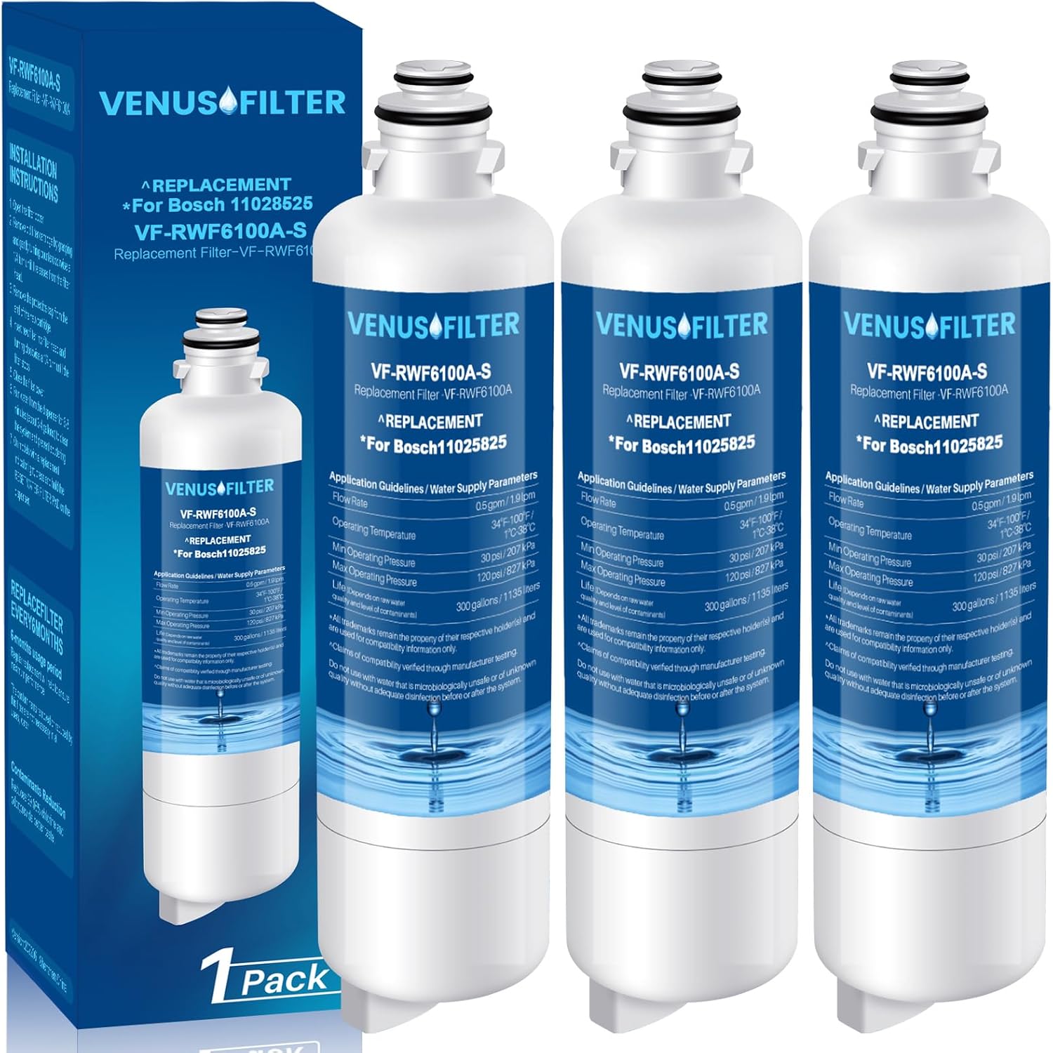 12033030 Replacement for Bosch Water F Ilter - Compatible with BORPLFTR50, 11025825, BORPLFTR55, WFC100MF, B36CT80SNS, B36CL80ENS (3 PCS)
