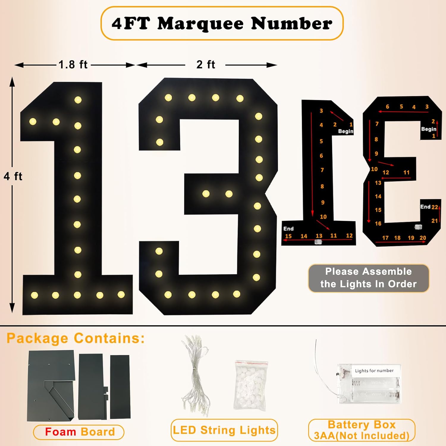 4FT Marquee Light Up Numbers, Black Giant Marquee Number Big Mosaic Number for 13th Birthday Party Decorations Boys Backdrop 13 Anniversary Decor, Pre-Cut Frame Large Number 13